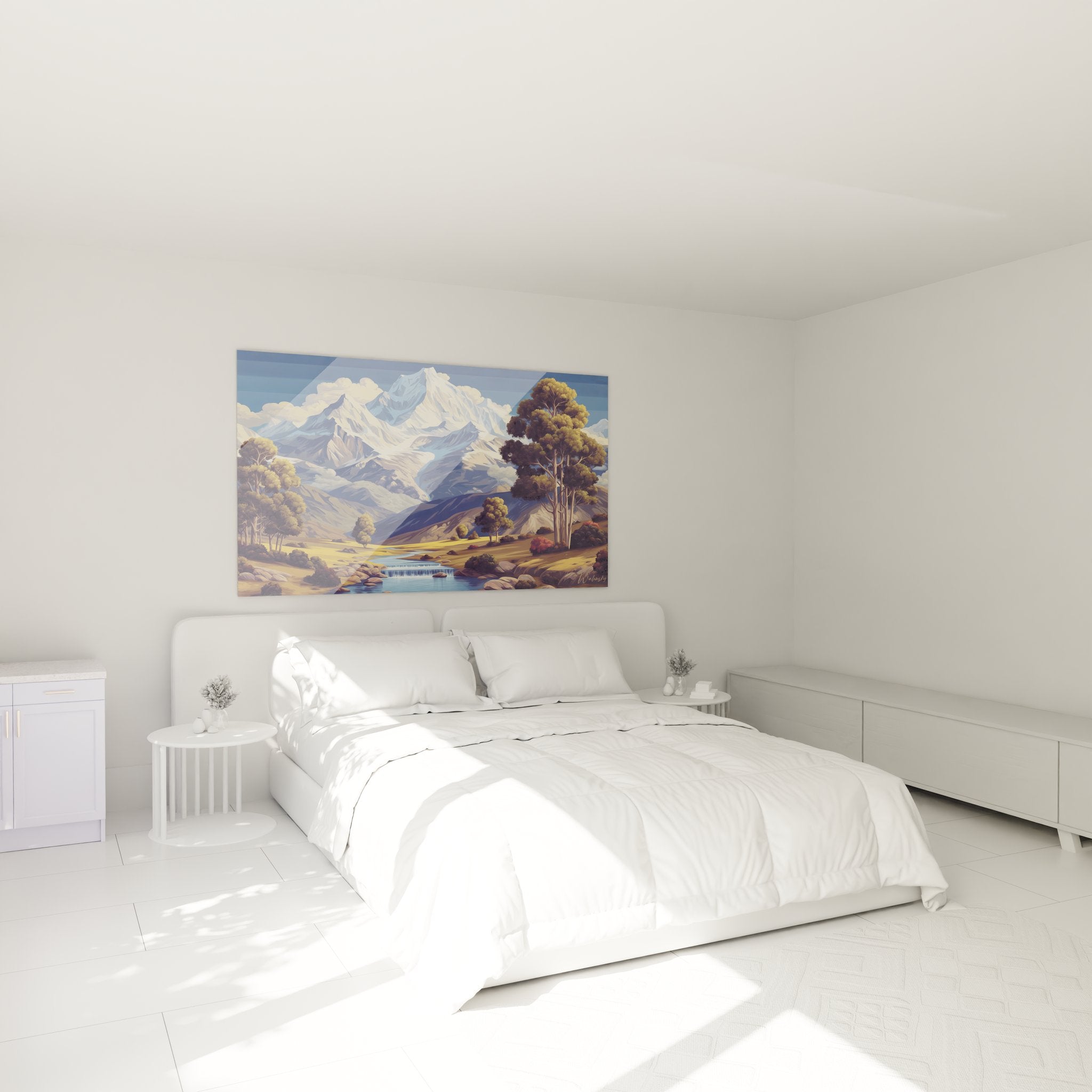 Tableau mural montagne dans chambre, ambiance déco paysage alpin avec rivière