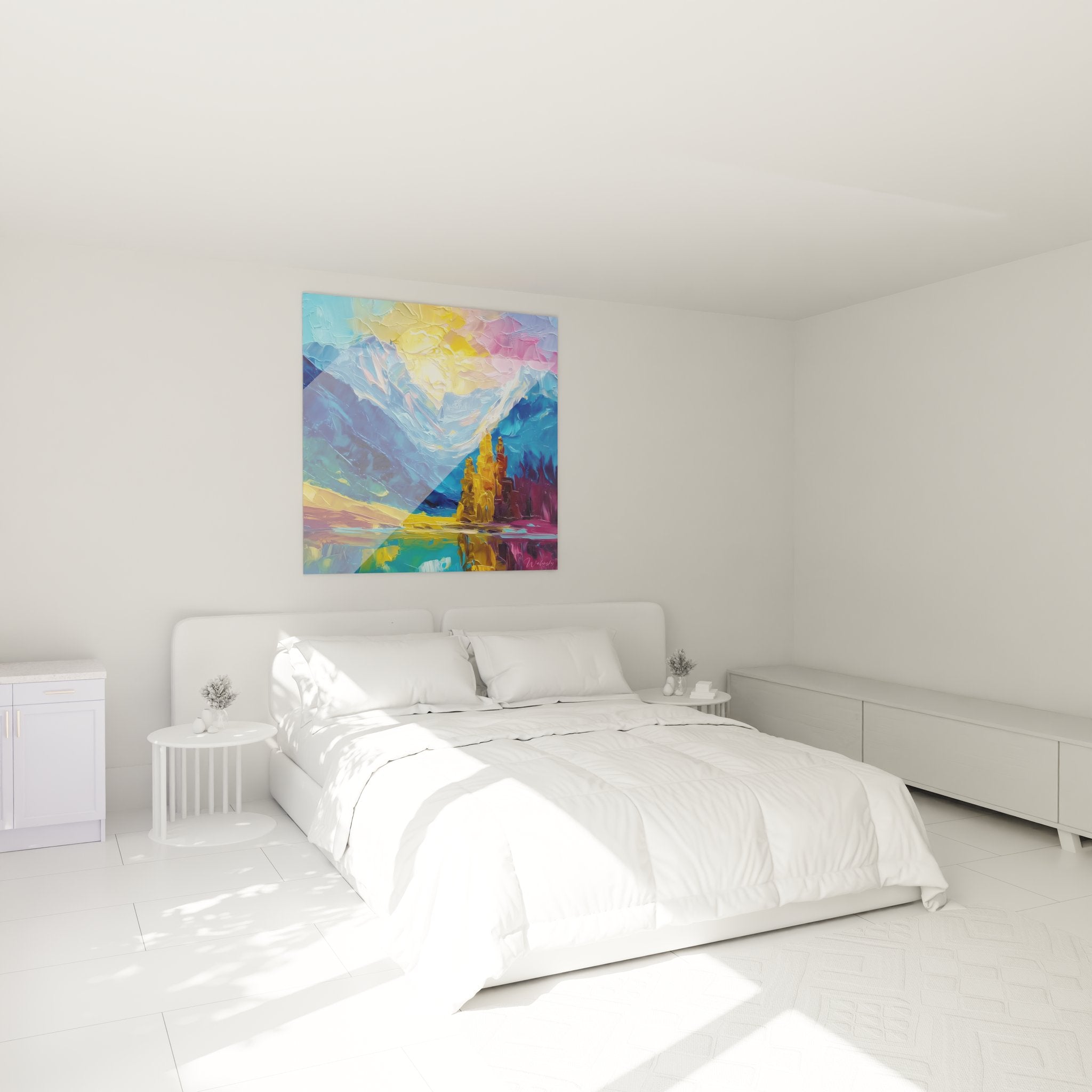 Tableau paysage montagneux dans chambre moderne, décoration murale nature avec reflet lacustre