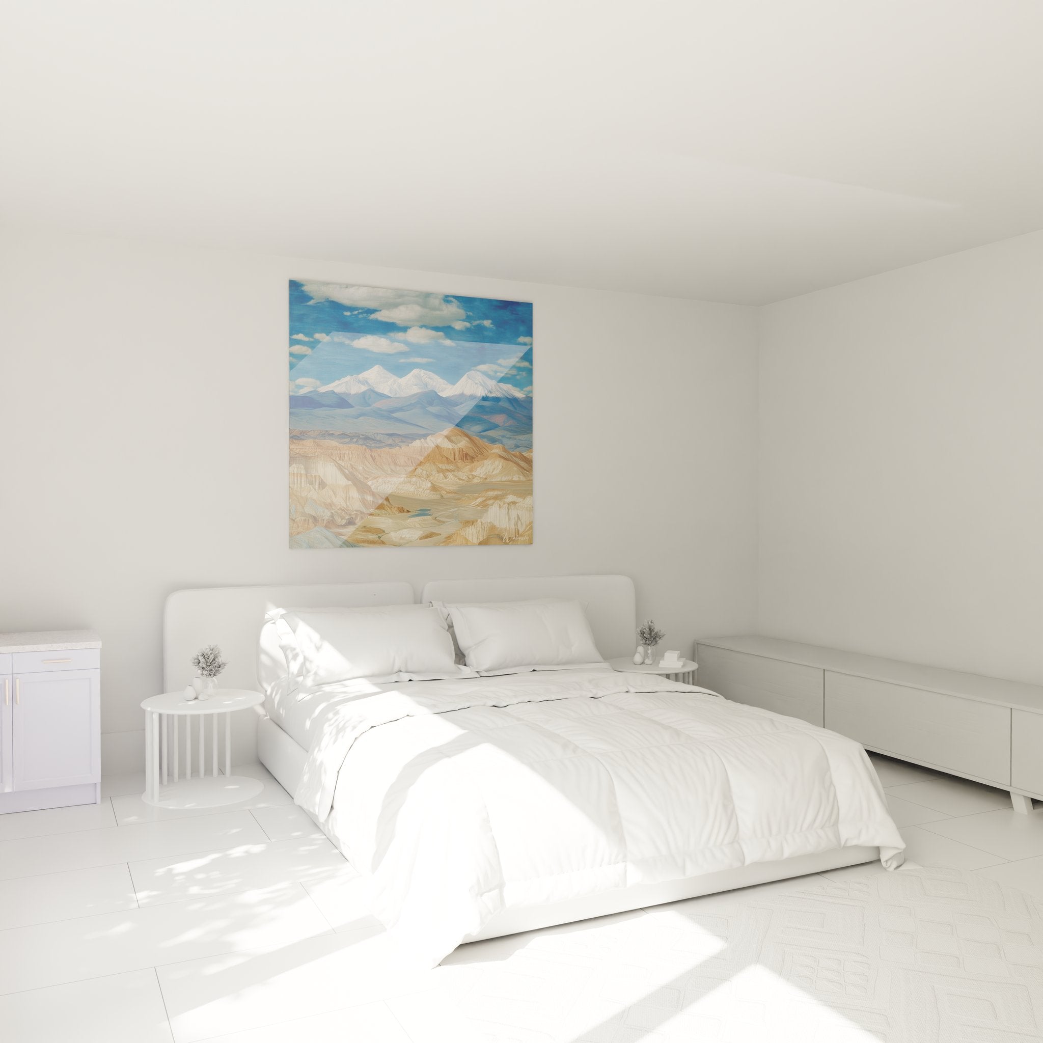 Tableau montagne dans chambre moderne, paysage désertique avec sommets enneigés, décoration murale