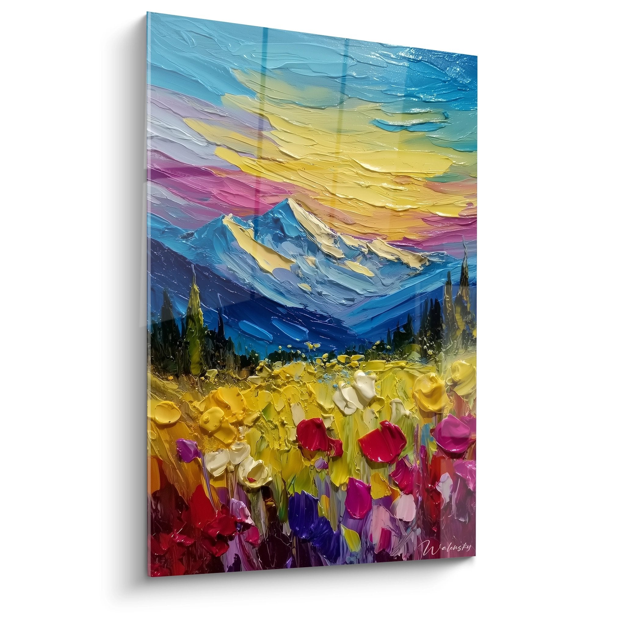 Mountain wall art with colorful flower field and snow-capped peaks - alpine home decor