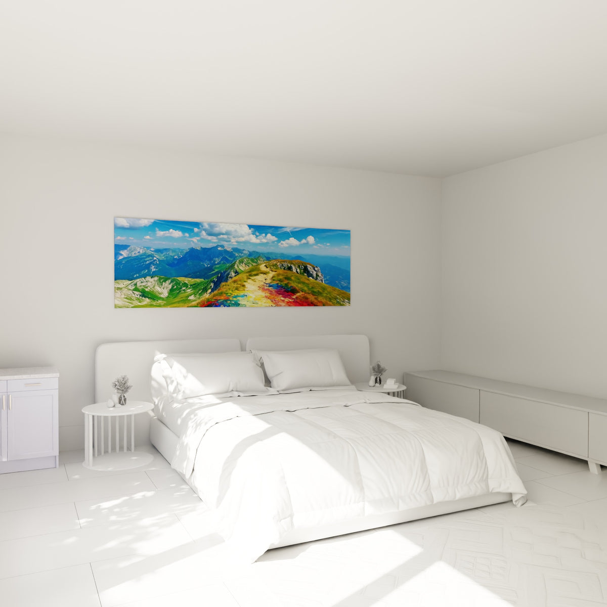 Chemin coloré rouge et jaune serpentant les montagnes vertes, au-dessus d'un lit dans une chambre claire