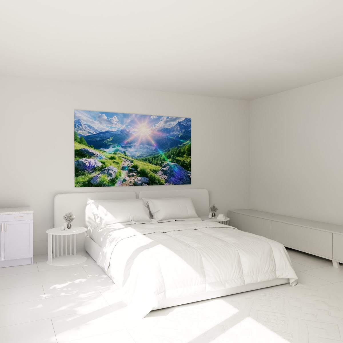 Chemin rocheux vert et bleu grimpant vers des sommets enneigés, accroché au-dessus d'un lit dans une chambre claire