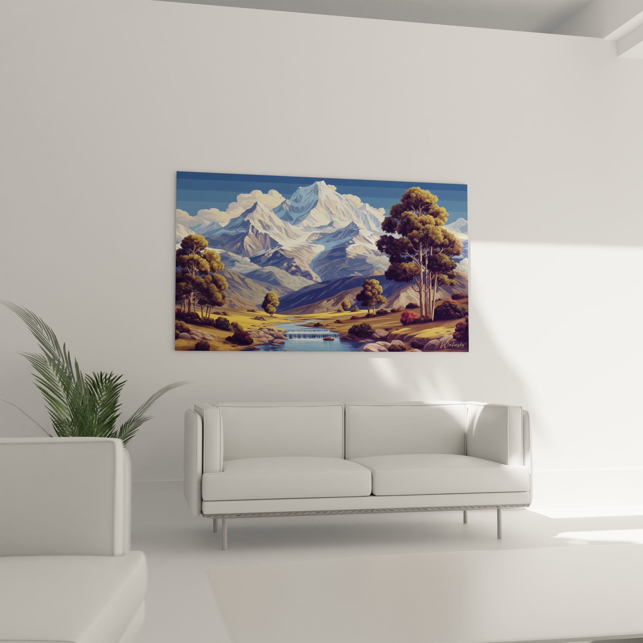 Détail tableau montagne, gros plan rivière et végétation alpine, art mural nature