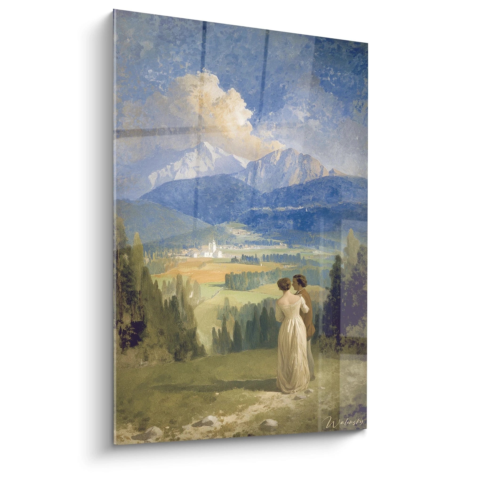 Walensky tableau montagne romantique mural représentant un couple contemplant des sommets alpins