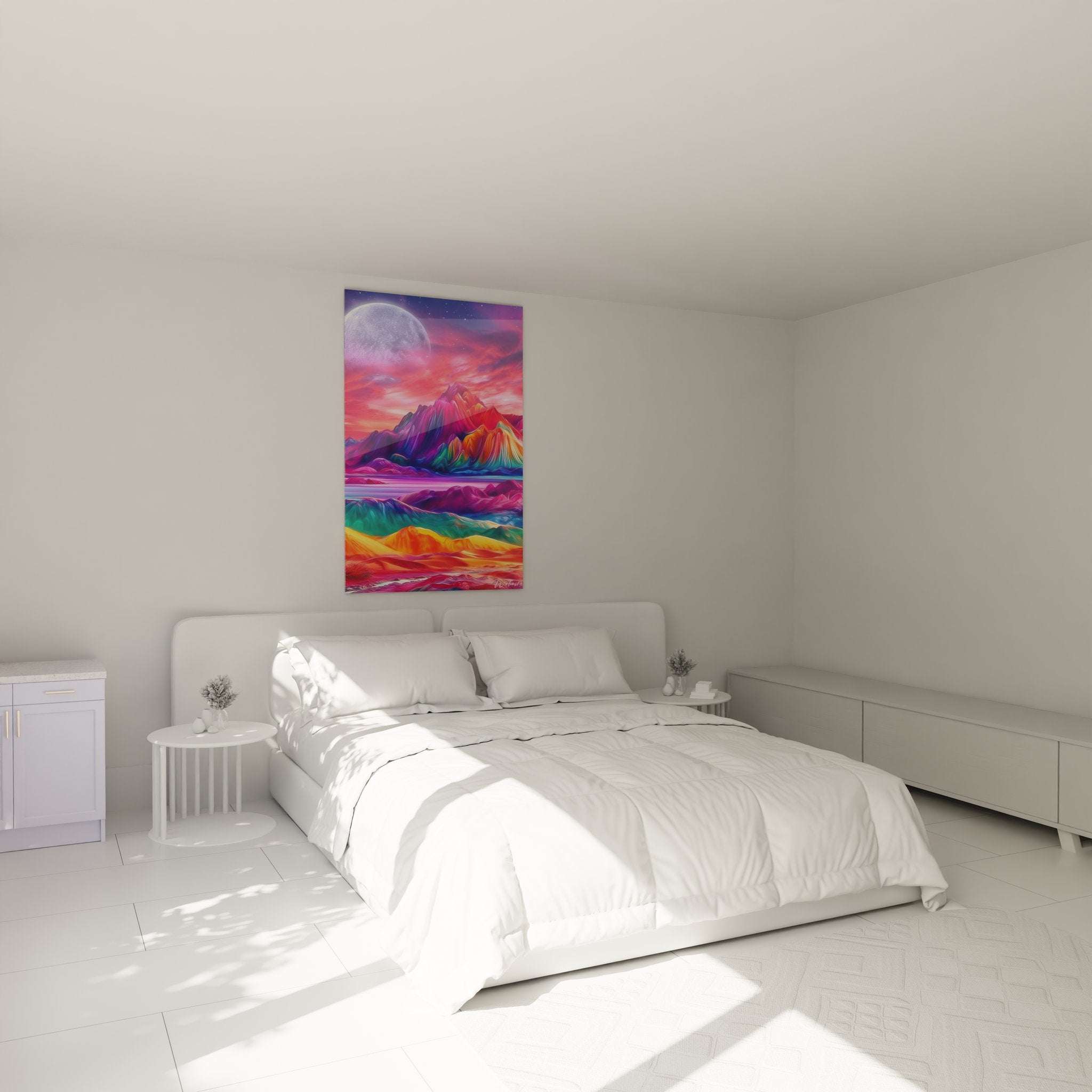 Colorful cosmic mountain wall art in modern bedroom decor, contemporary artistic atmosphere