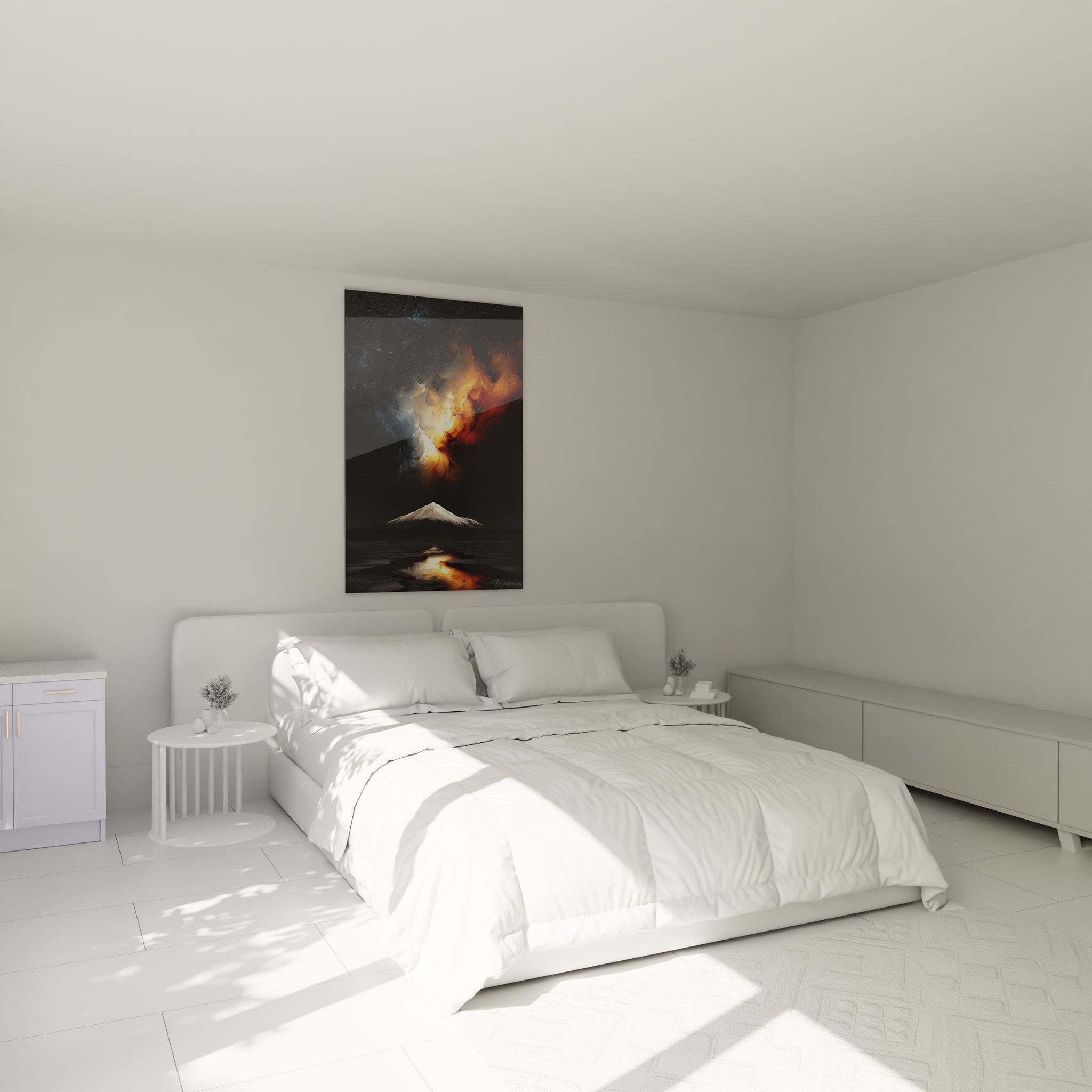 Tableau montagne cosmos décorant une chambre moderne avec nébuleuse orange et montagne blanche