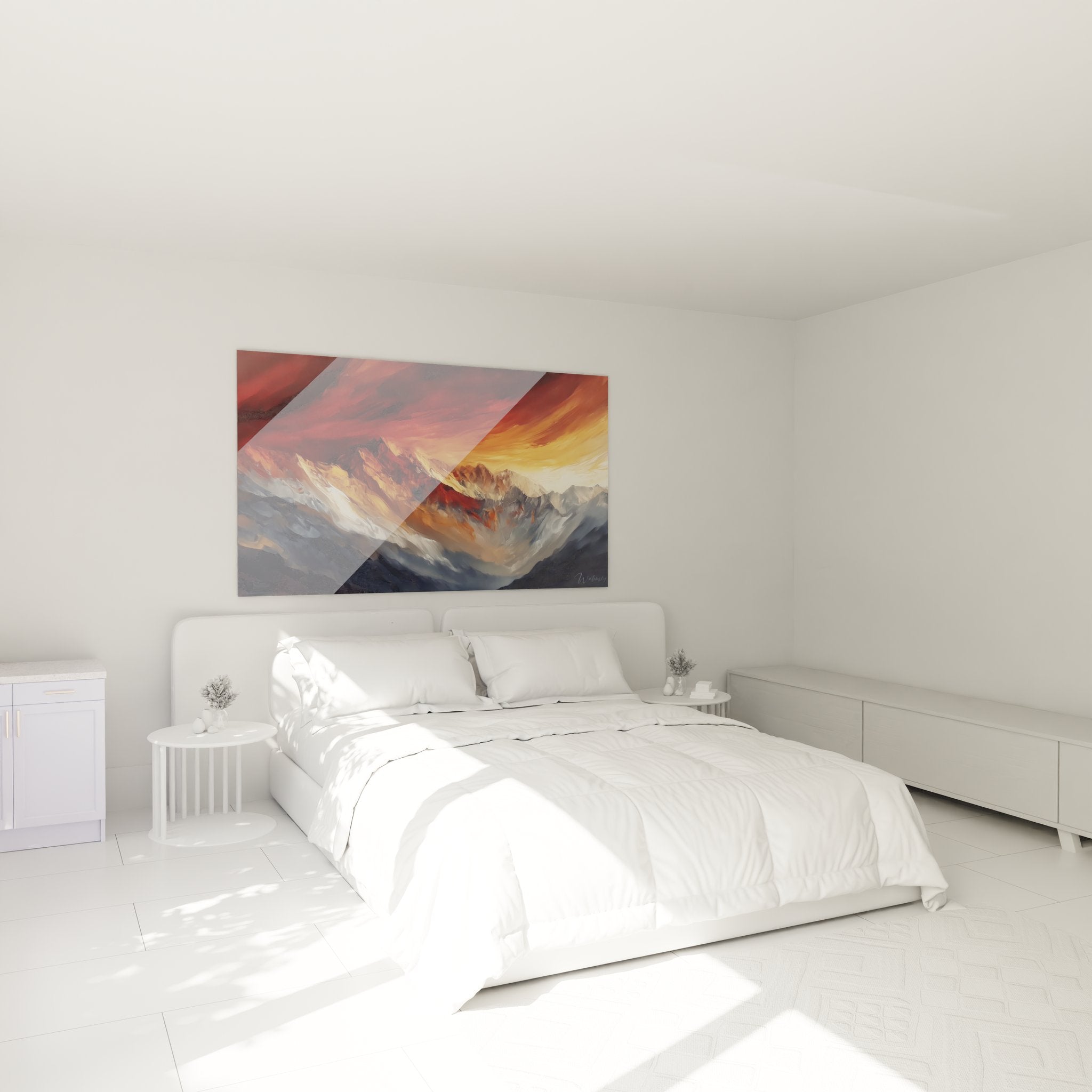 Tableau montagne coucher soleil installé dans chambre moderne avec décoration murale alpine