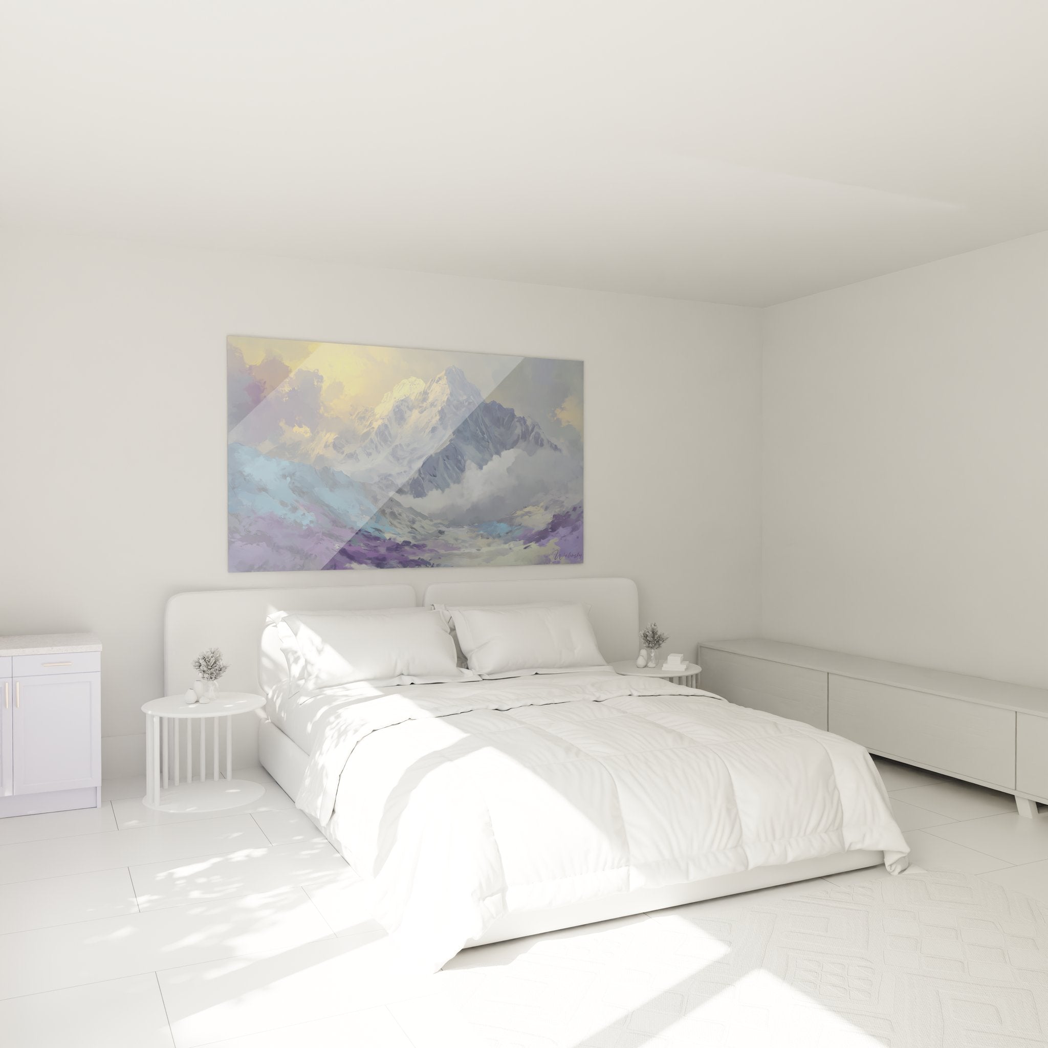 Tableau décoratif montagne dans chambre, ambiance apaisante avec paysage alpin et couleurs douces
