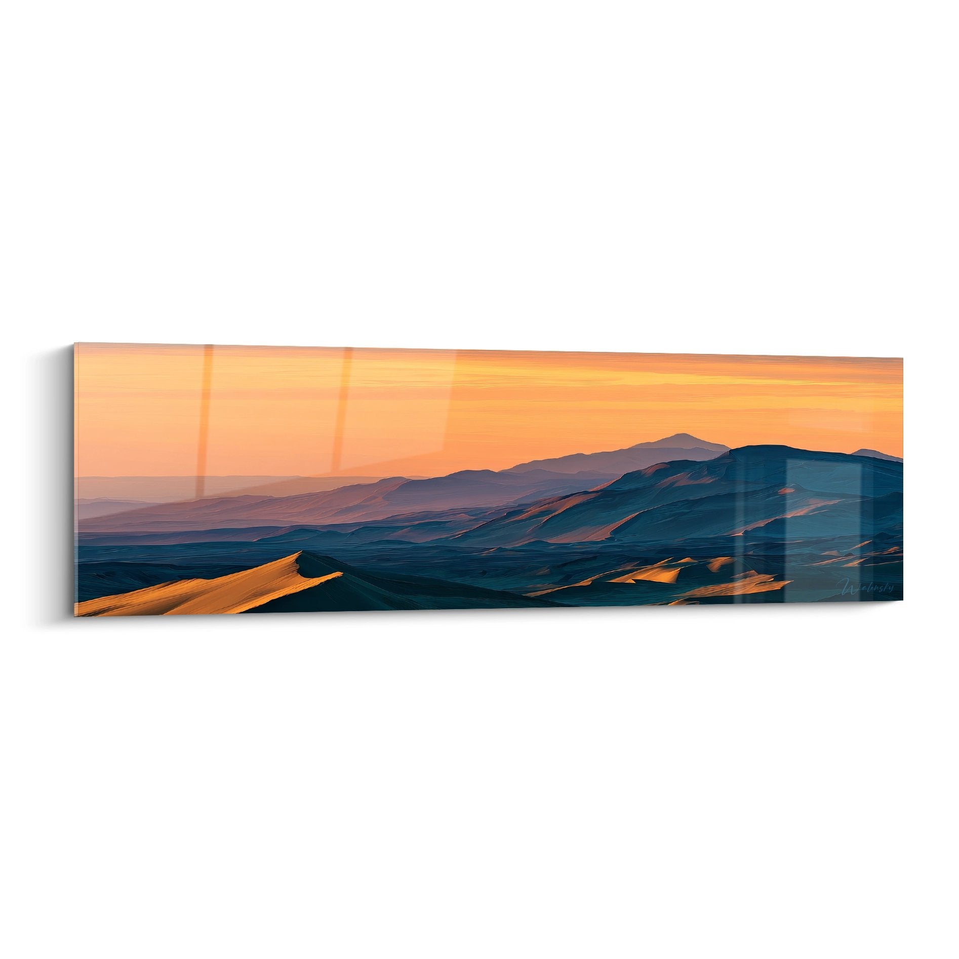 Tableau mural montagne désertique coucher soleil tons orangés bleus panoramique