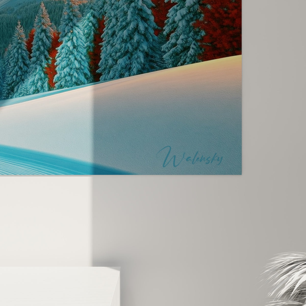 Détail du grain pictural montrant crêtes dorées et sapins rouge terracotta se fondant dans la neige bleutée