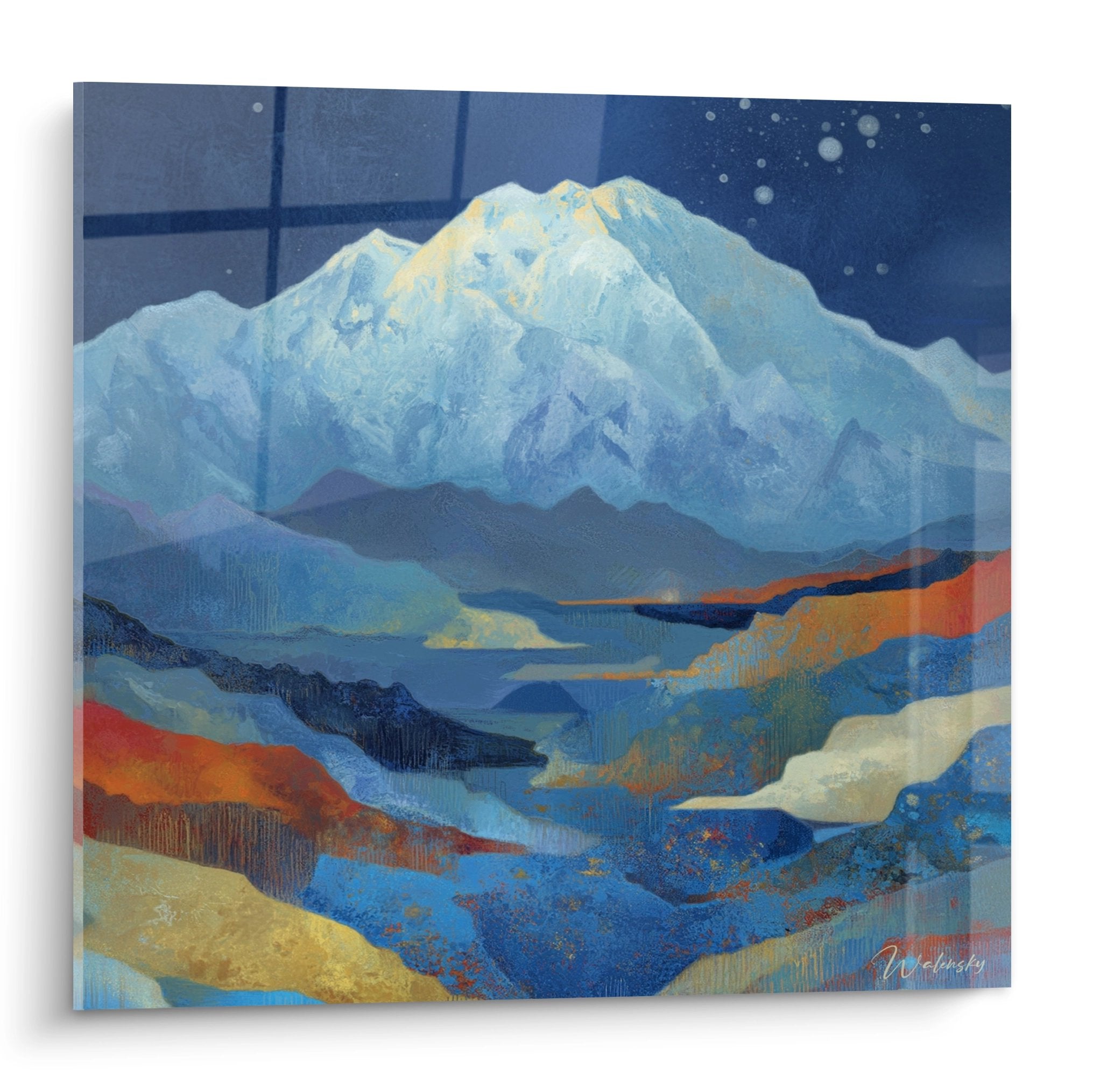 Tableau montagne enneigée sous ciel étoilé avec paysage coloré ondulant au premier plan