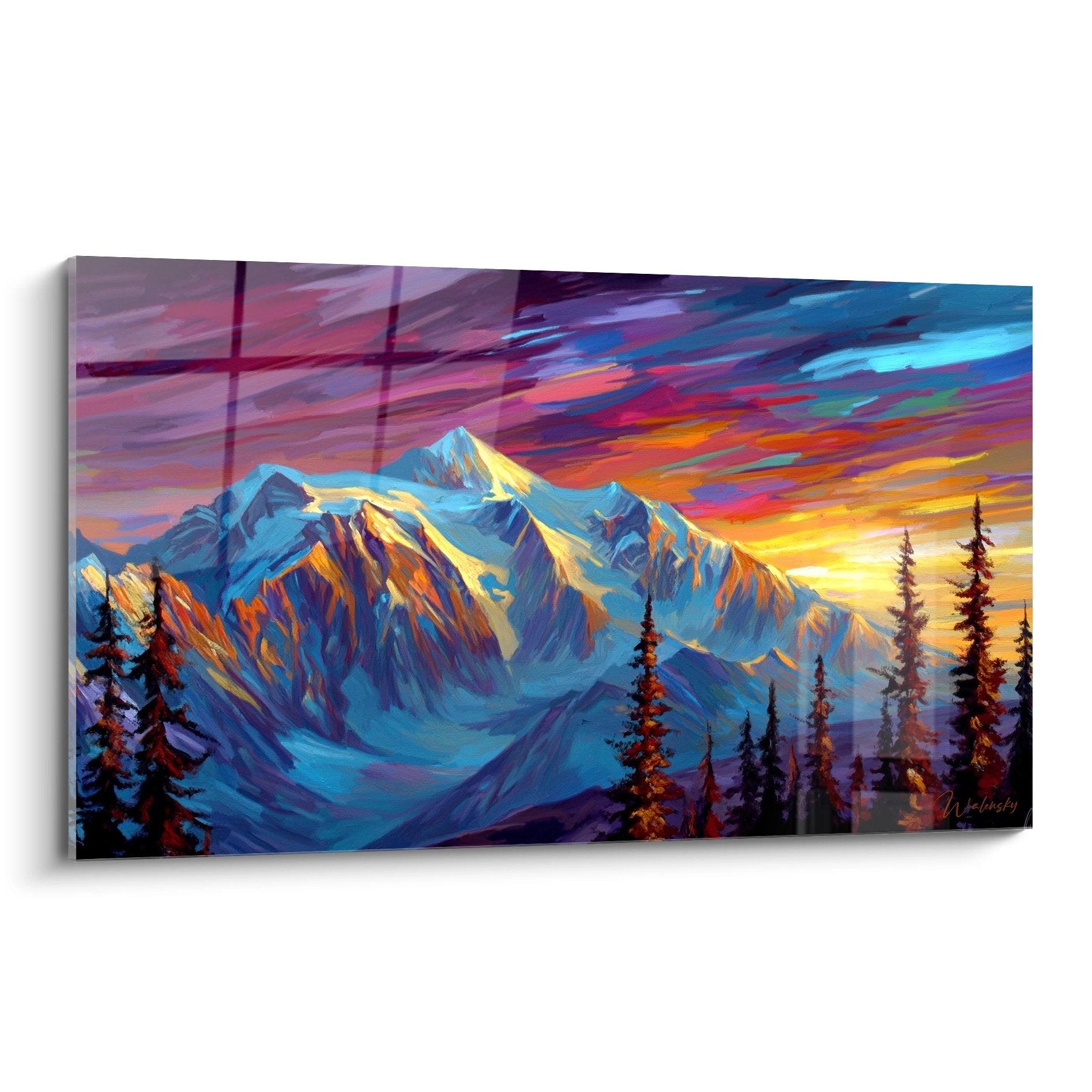 Tableau mural montagne enneigée au coucher soleil avec pics alpins et forêt de conifères, art décoratif paysage
