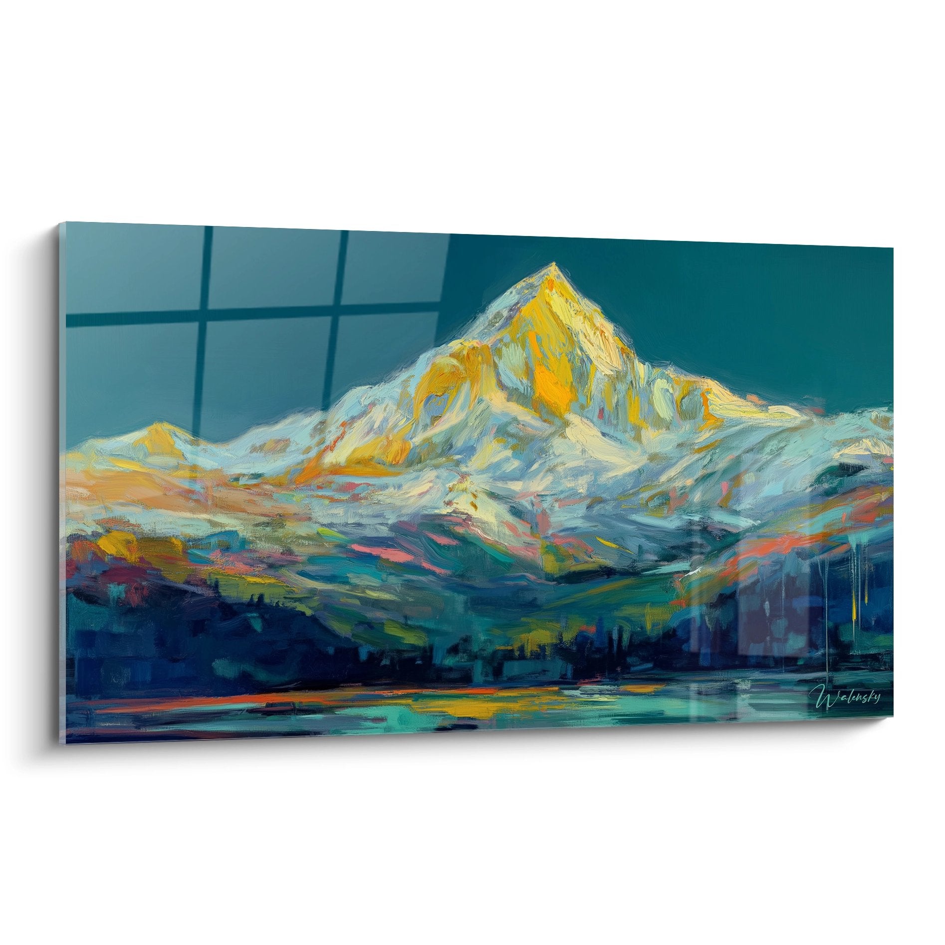 Tableau mural montagne enneigée avec lac et sommet doré sur ciel turquoise - art paysage alpin décoratif