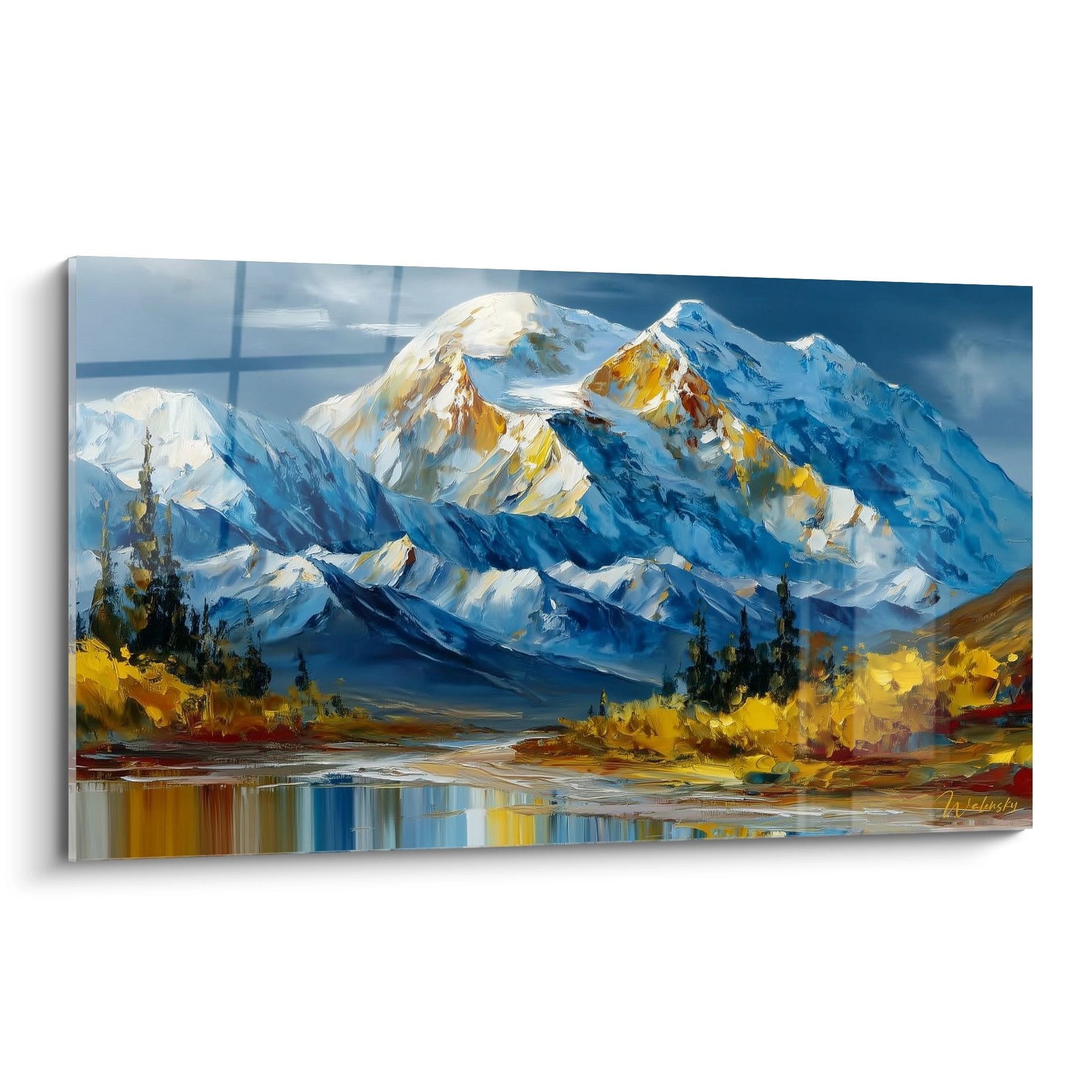 Tableau montagne enneigée avec reflets automnaux dans lac paisible, peinture à l'huile sommets alpins