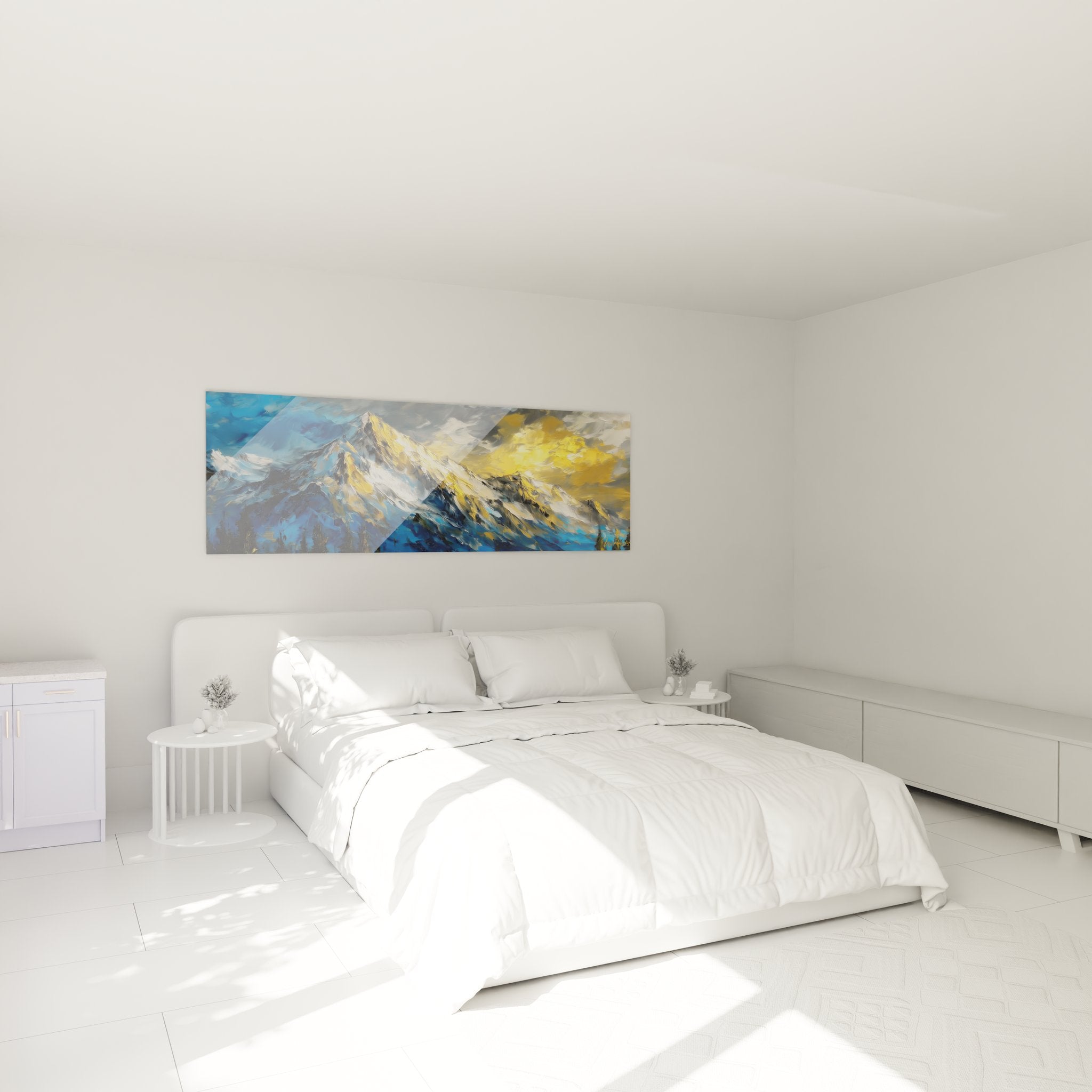 Ambiance chambre avec tableau montagne enneigée sommet doré - décoration murale paysage alpin