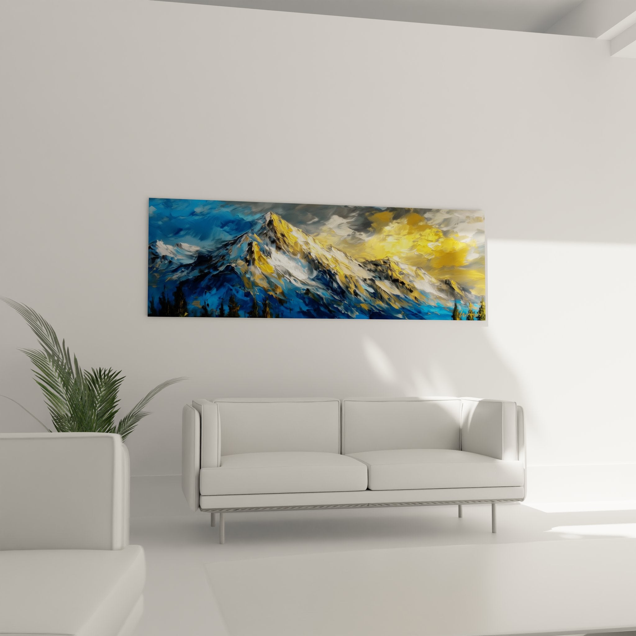 Gros plan détails tableau montagne enneigée reflets dorés - peinture alpine haute qualité