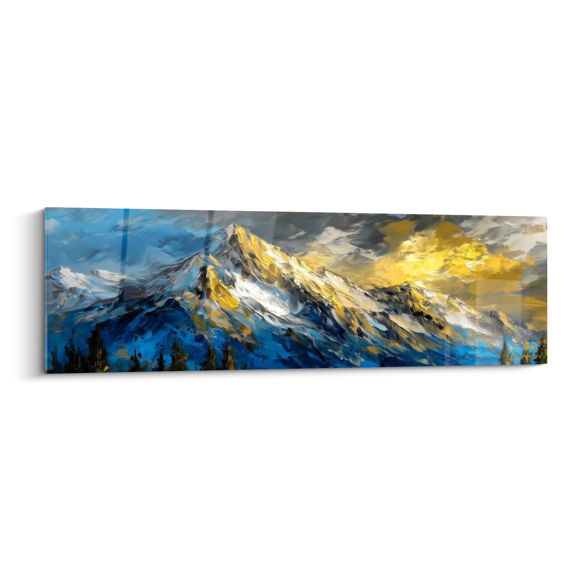Tableau mural montagne enneigée avec sommet doré et ciel dramatique - art décoration alpine moderne