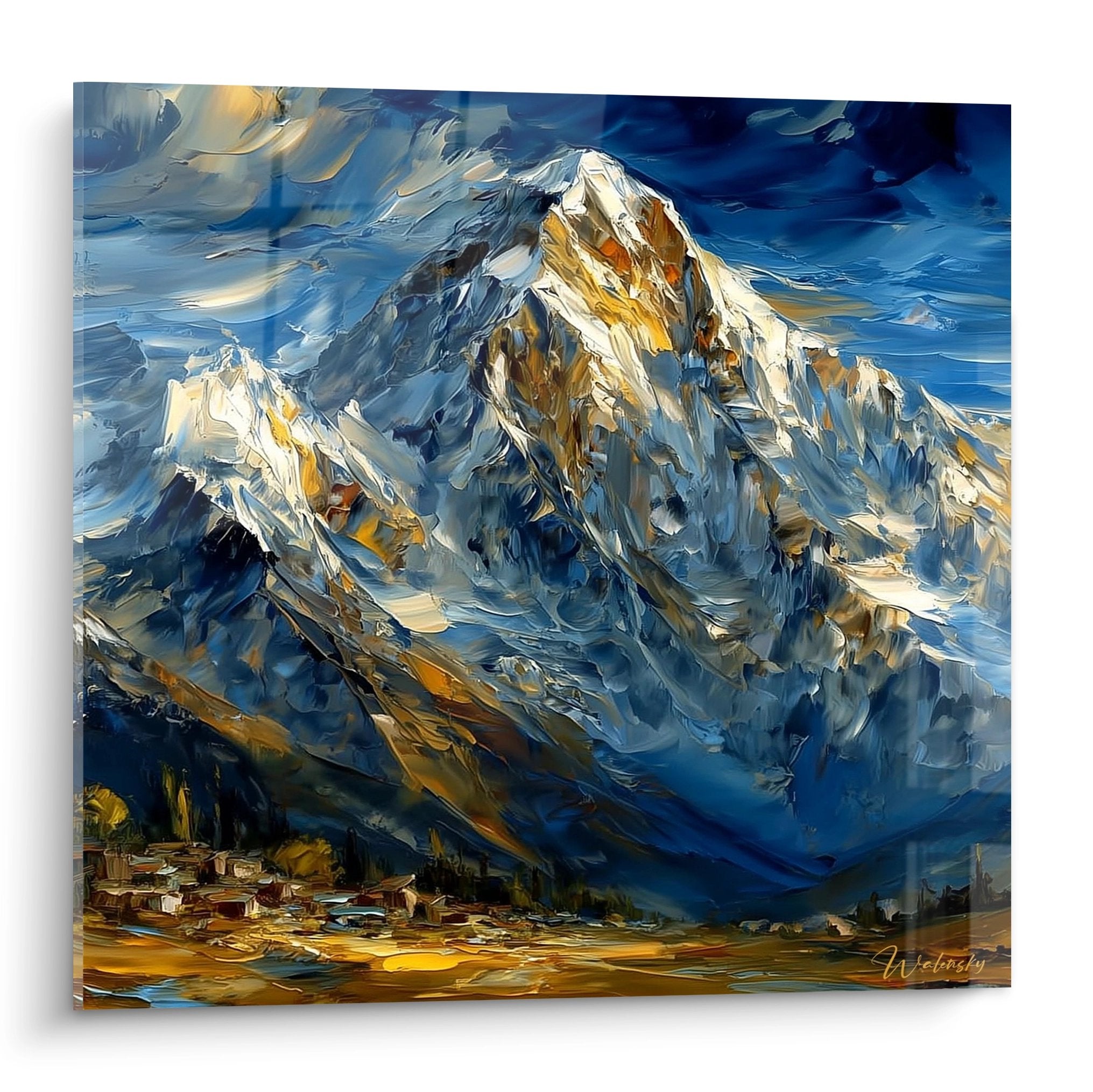 Tableau mural montagne enneigée avec sommets alpins aux tons bleus et dorés, peinture à l'huile contemporaine