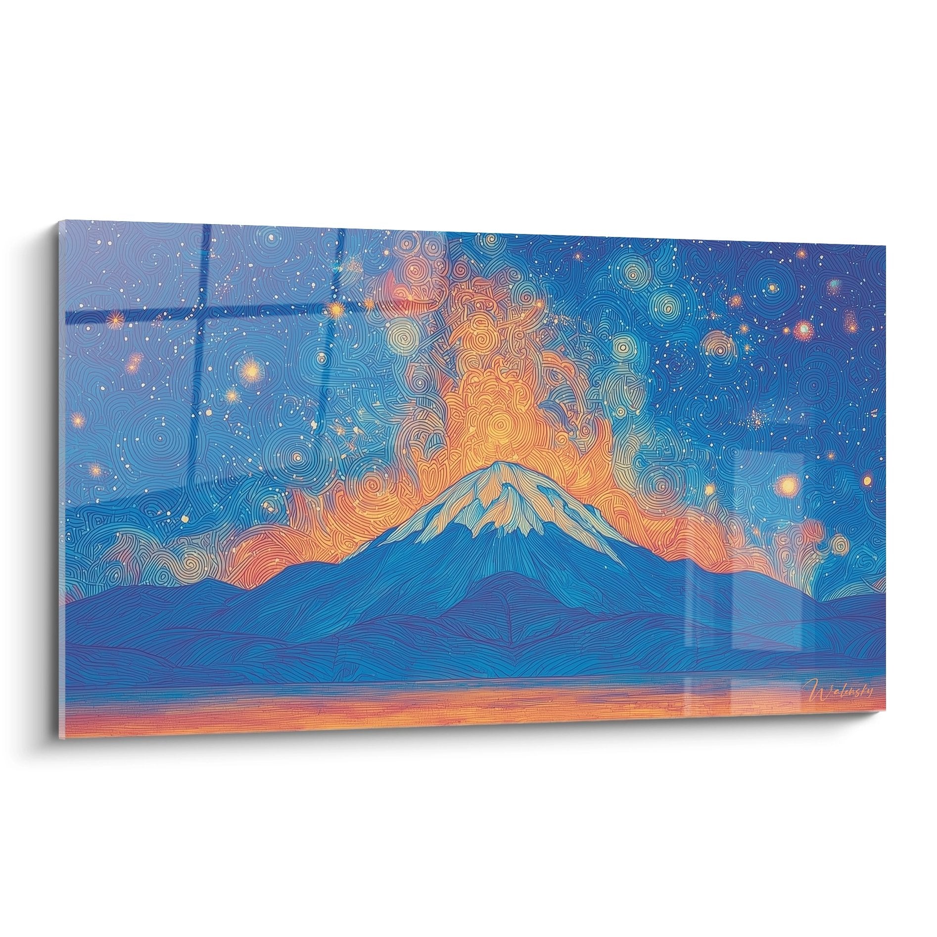 Tableau mural montagne étoilée avec spirales cosmiques dorées sur fond bleu nuit, art moderne décoratif