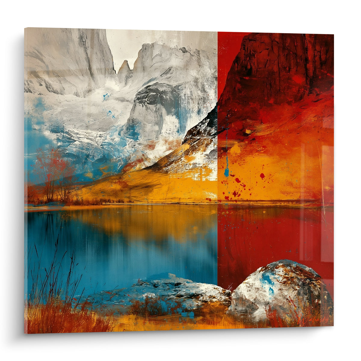 Falaise rouge et sommet blanc se reflètent sur un lac doré aux teintes bleues