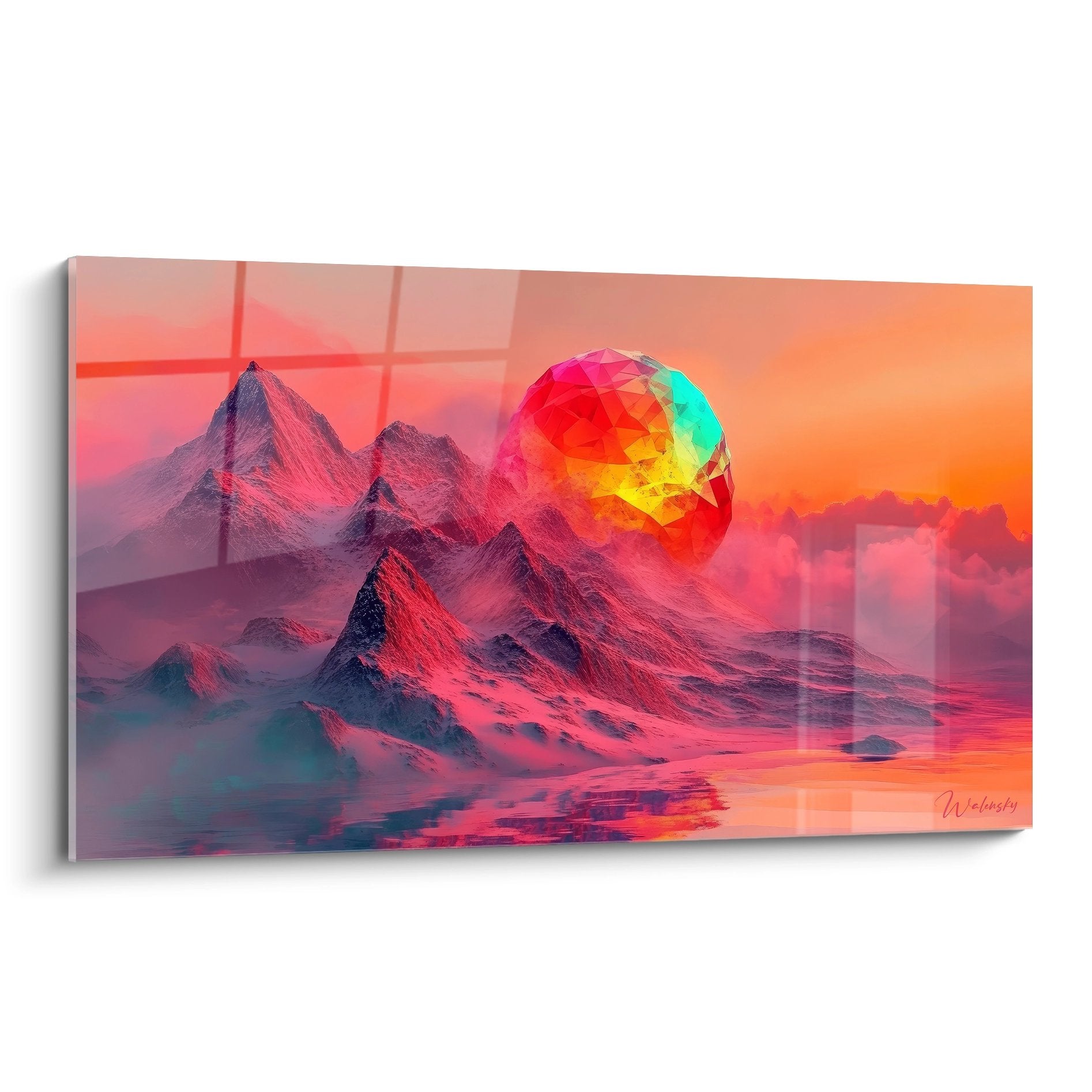 Tableau mural montagne futuriste avec soleil cristallin géométrique multicolore sur fond orangé