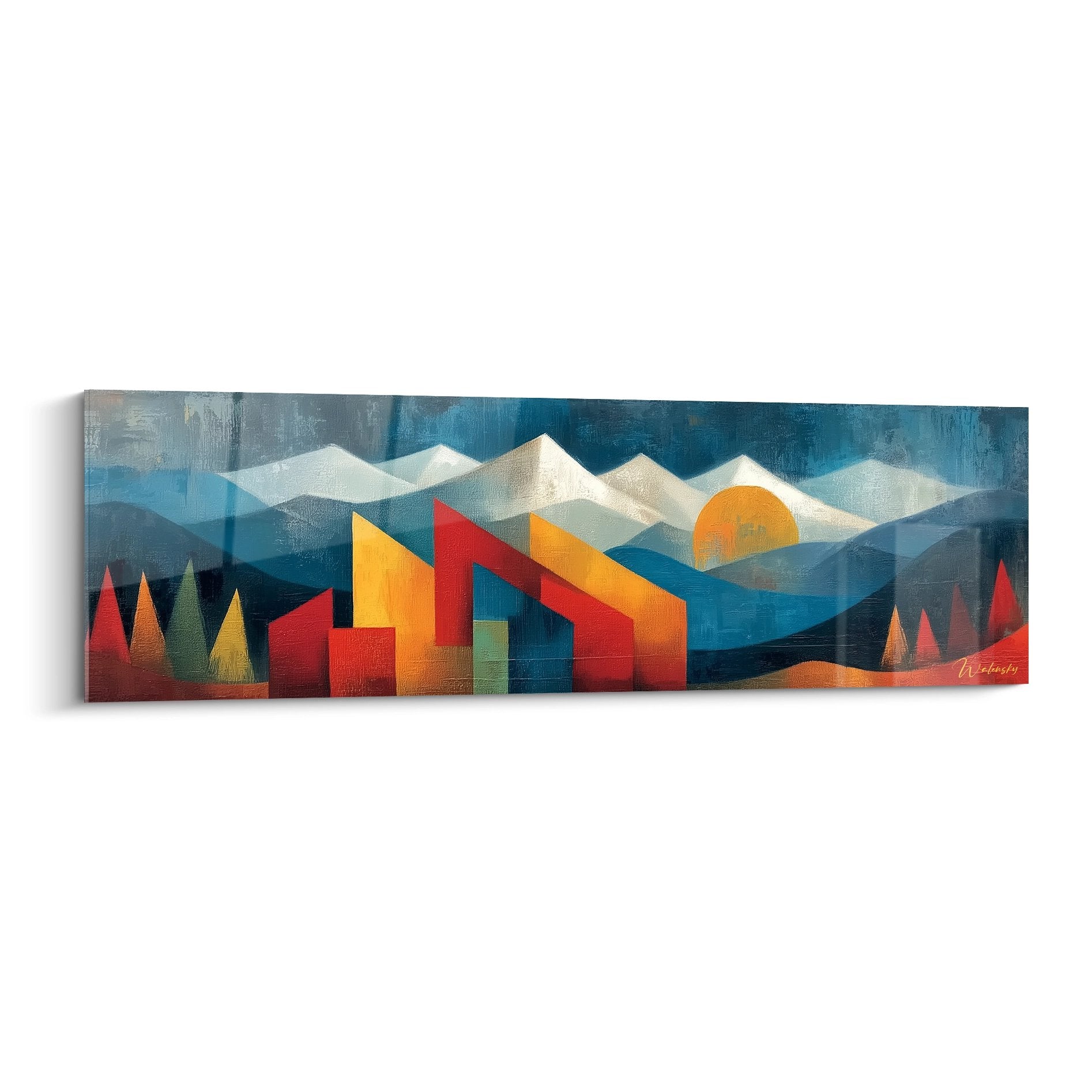 Tableau mural montagne géométrique avec formes abstraites colorées et sommets stylisés