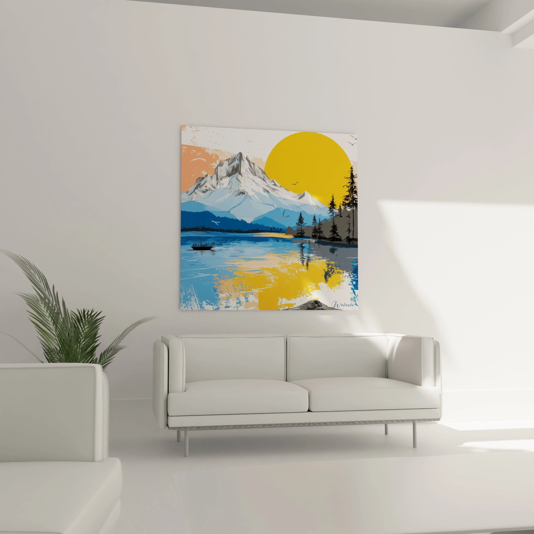 tableau montagne moderne Walensky accroche au mur salon minimaliste fauteuil blanc paysage montagne lac reflet soleil jaune