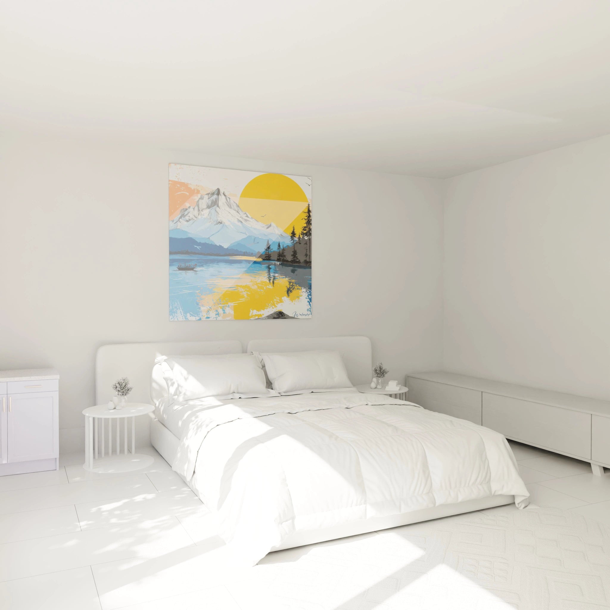 Tableau mural Walensky tableau montagne moderne coloré au dessus d un lit blanc minimaliste avec soleil et reflet