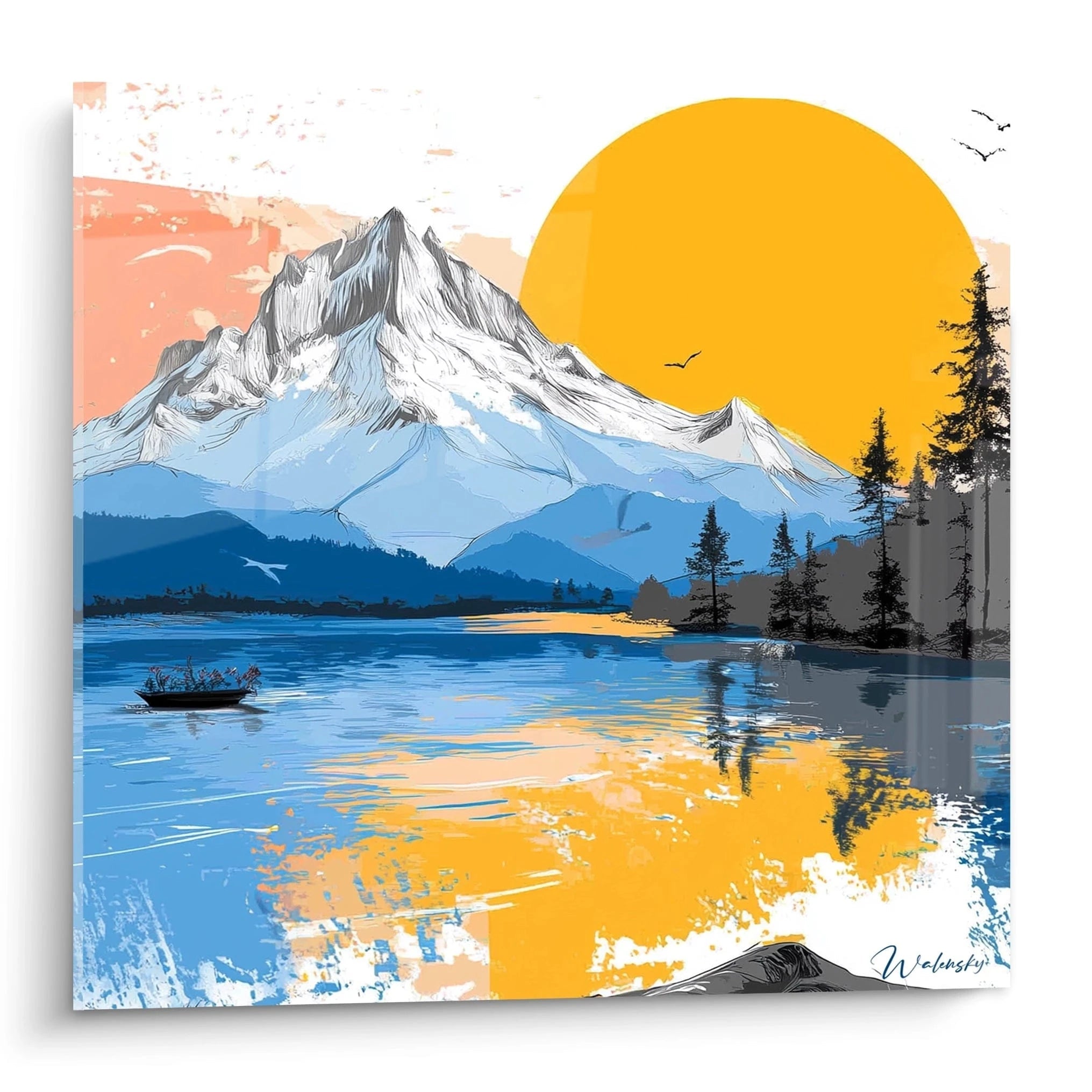Tableau mural Walensky tableau montagne moderne avec montagne enneigée lac miroitant soleil jaune et canot