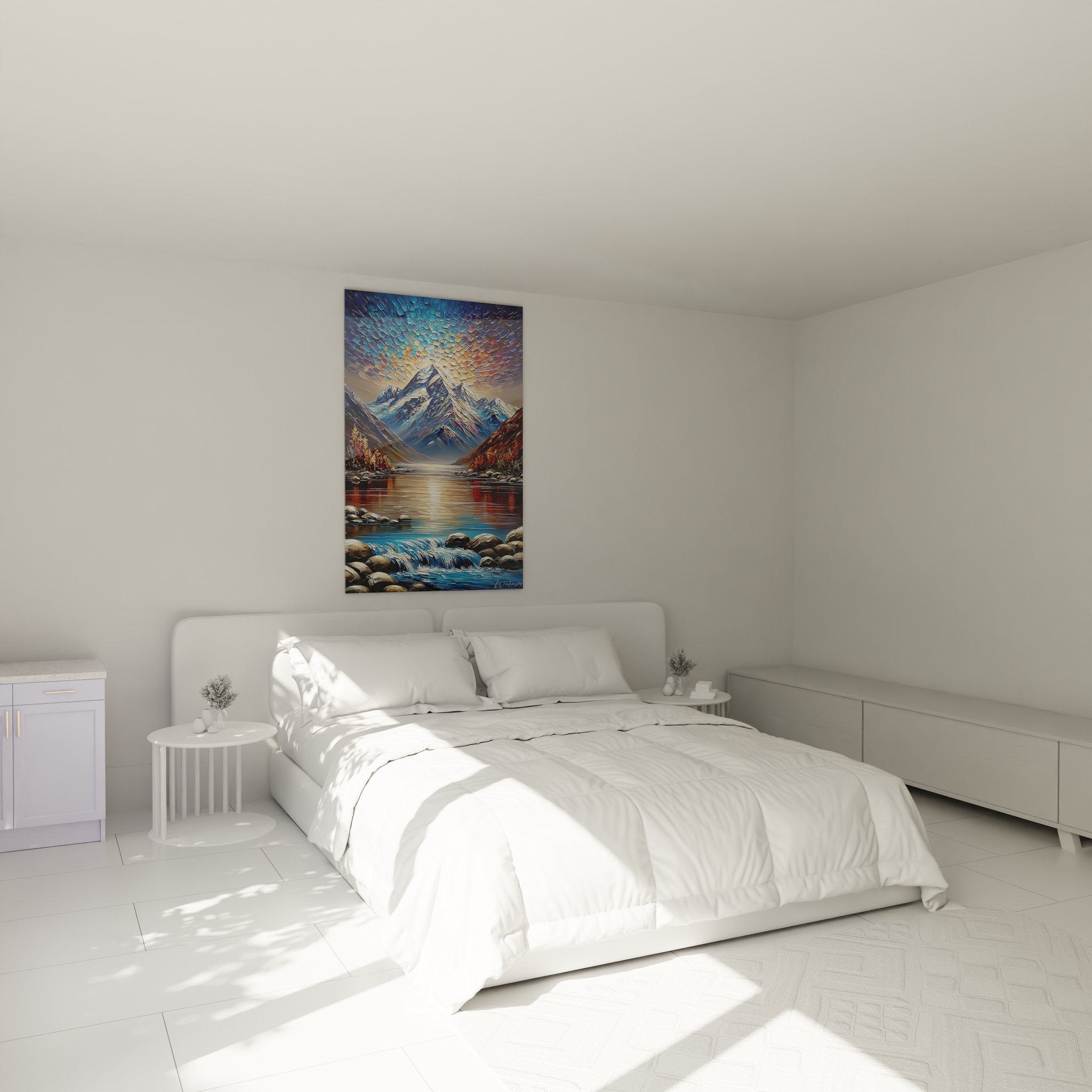 Tableau mural montagne lac reflets chambre décoration murale paysage alpin sommets enneigés ambiance