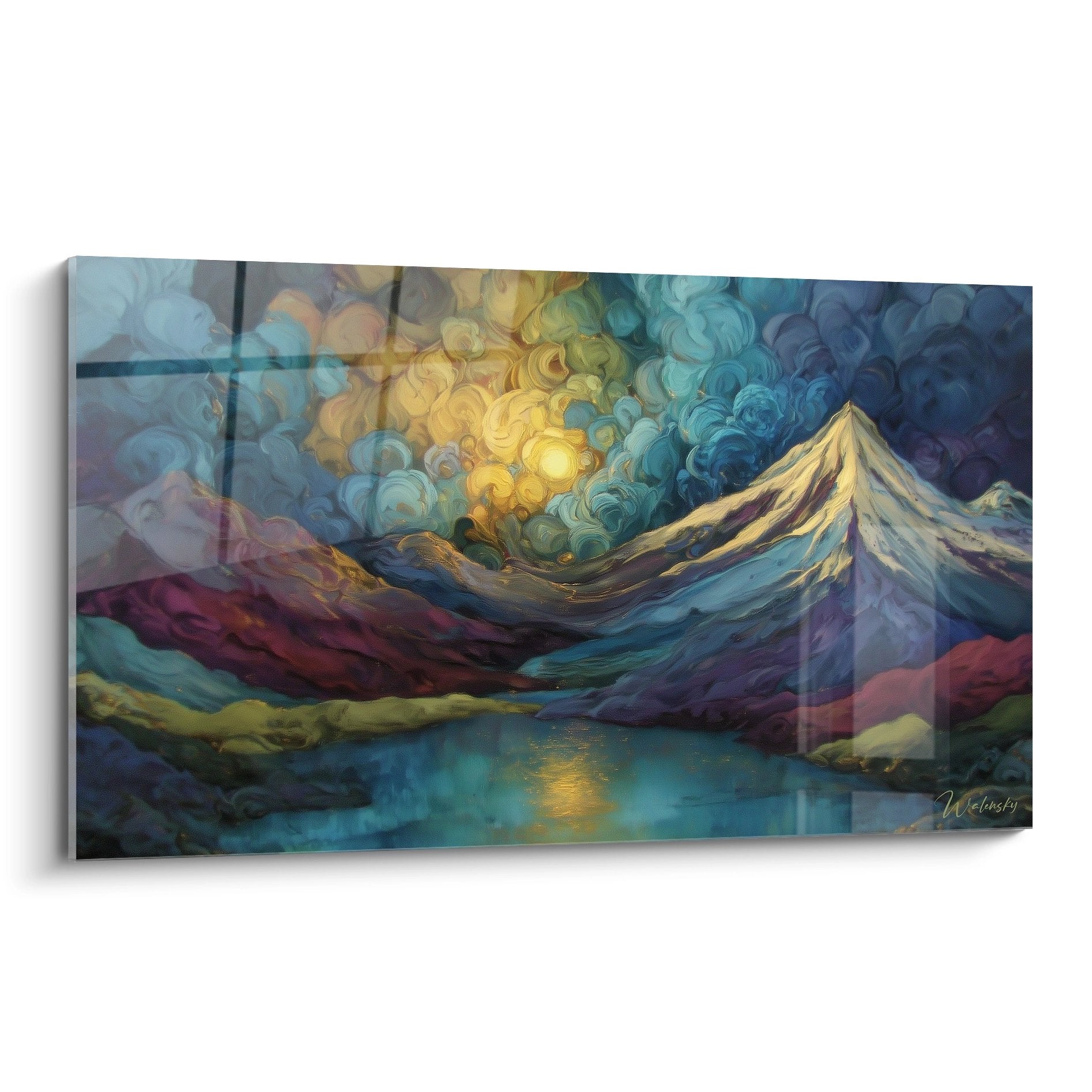 Tableau mural montagne avec lumière céleste dorée et paysage alpin enneigé reflété dans lac