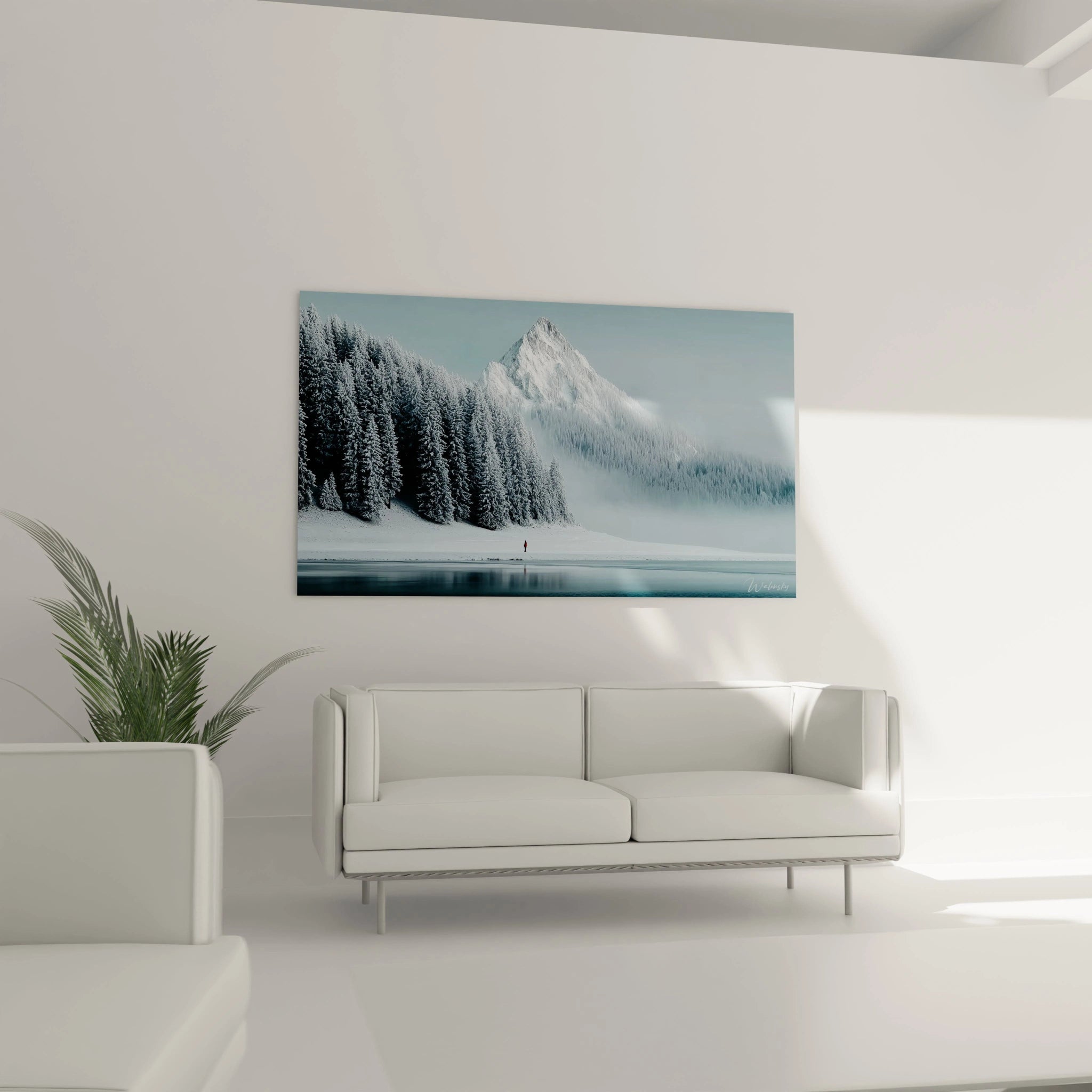 tableau montagne hiver Walensky montrant paysage enneigé de montagne lac gelé et sapins pour déco murale salon