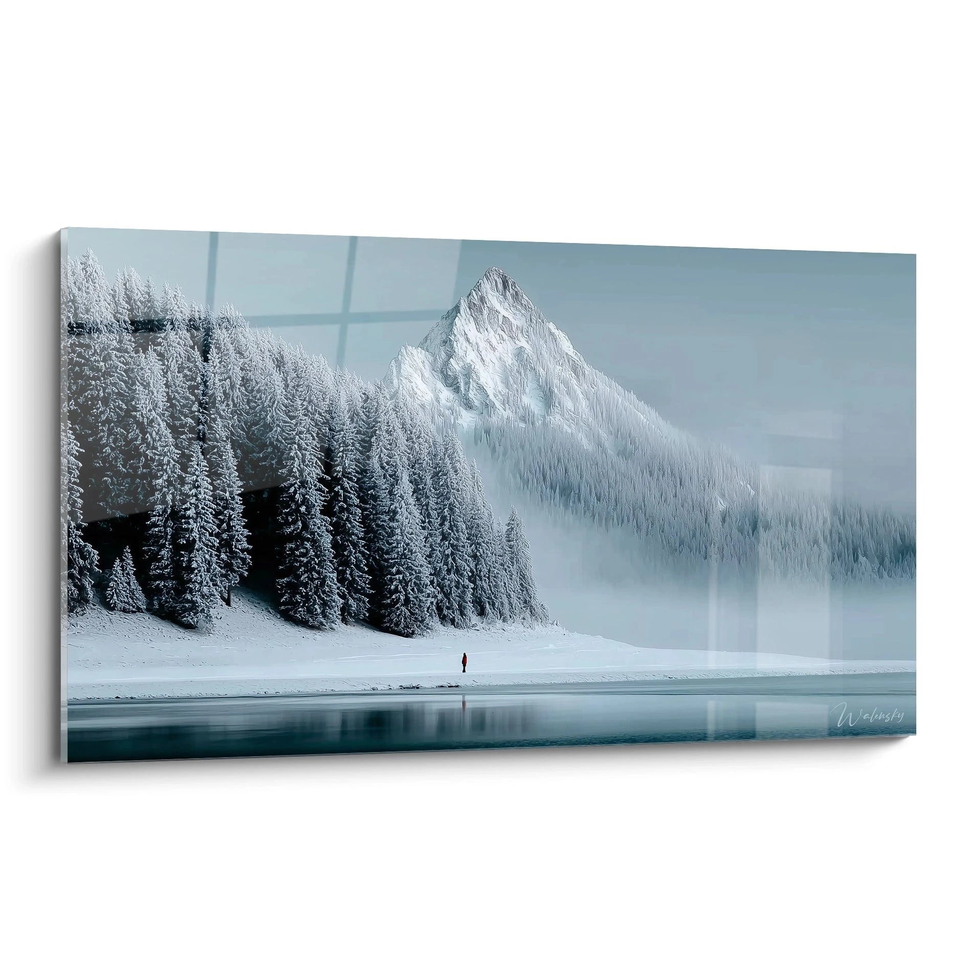 Tableau mural Walensky tableau montagne hiver paysage enneige avec sapins bords de lac glace et petite silhouette