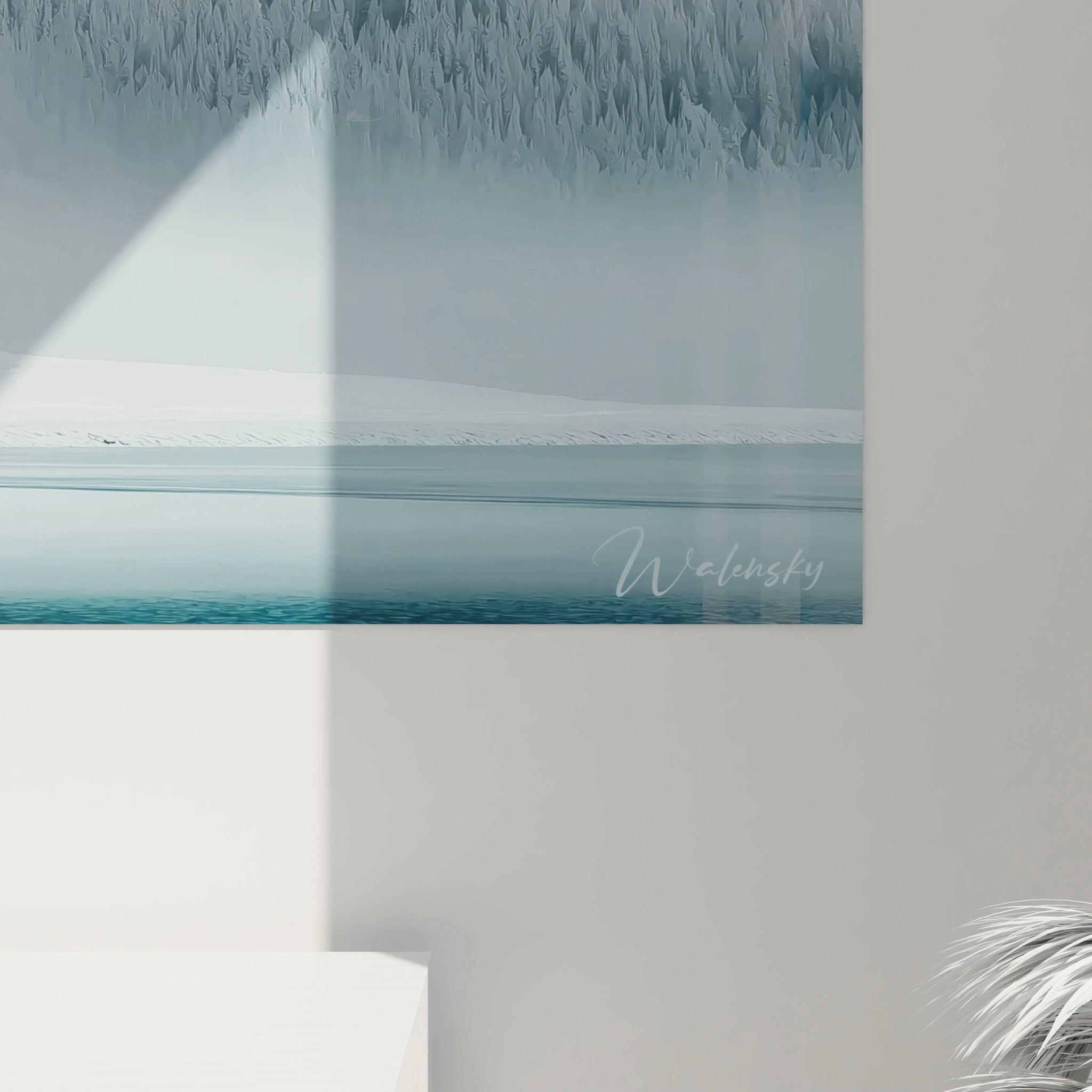 tableau montagne hiver Walensky paysage minimaliste de montagnes enneigées et eau turquoise pour décoration murale