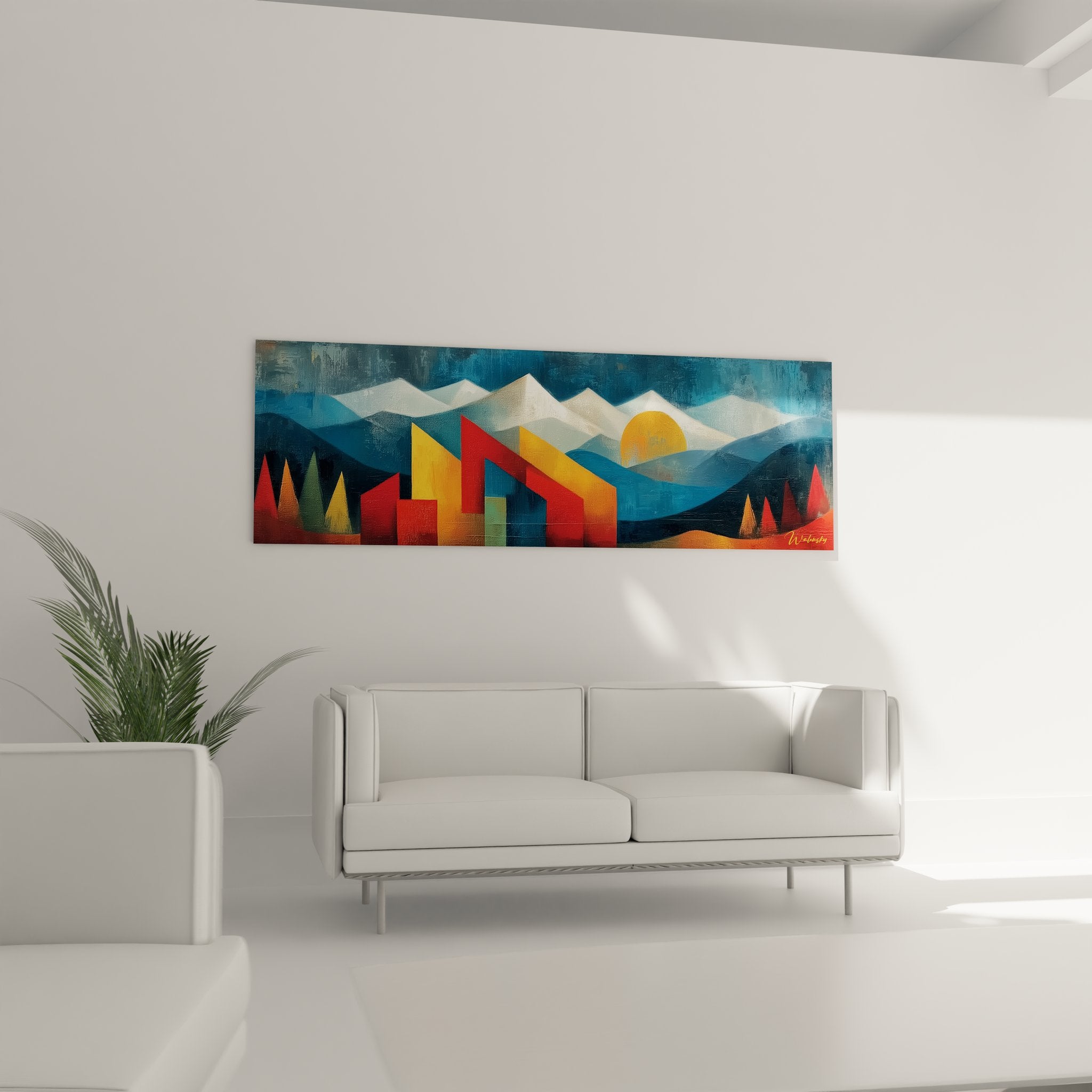 Gros plan tableau montagne moderne montrant détails géométriques et palette colorée