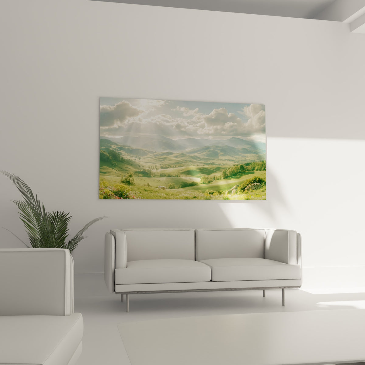 Paysage vert sauge et bleu brumeux avec mouton paisible au-dessus d'un canapé dans un salon lumineux