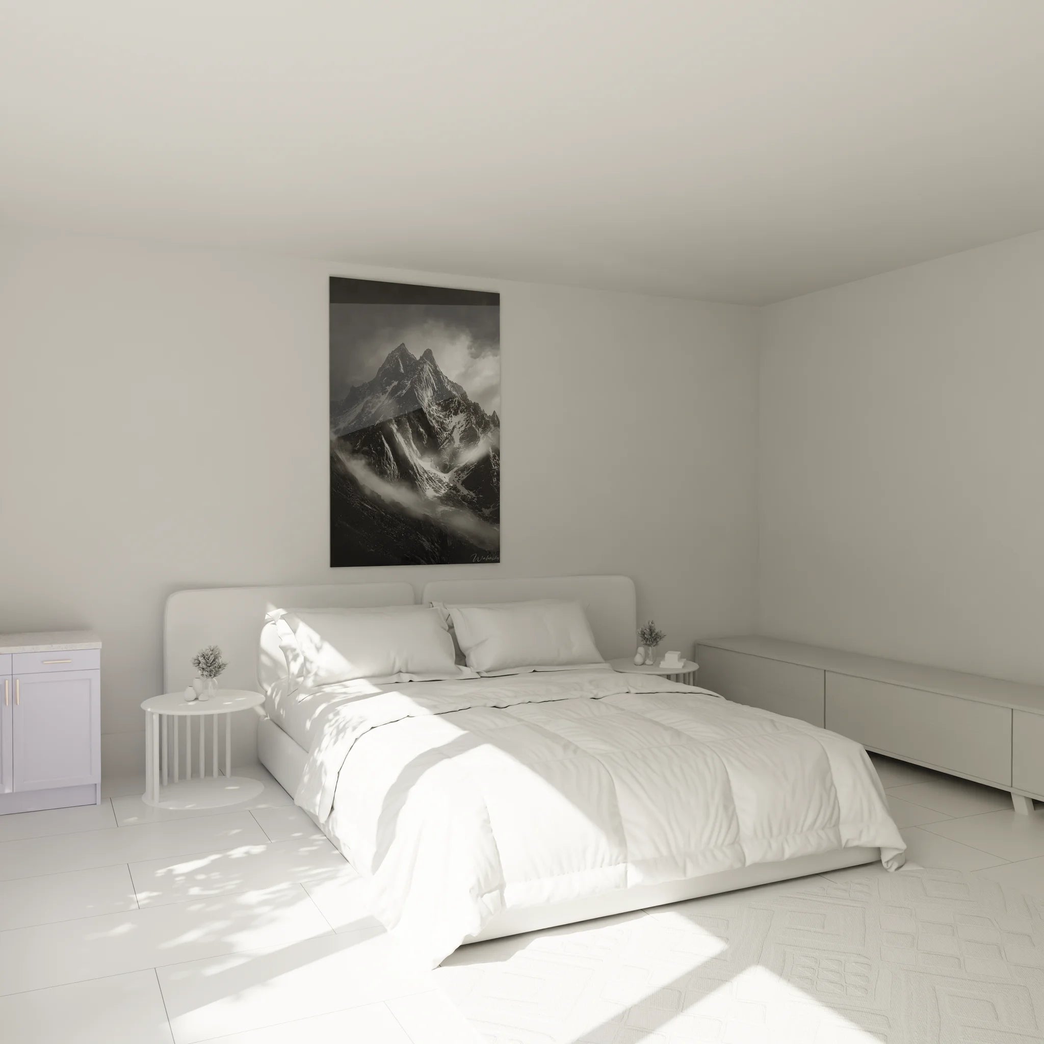Tableau montagne noir blanc dans chambre moderne - ambiance déco paysage zen et contemporain