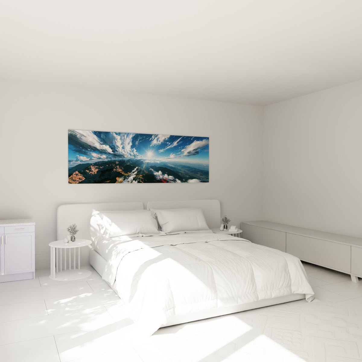 Sommets bleus et crêtes ocre baignés de lumière solaire, accrochés au-dessus d'un lit dans une chambre claire