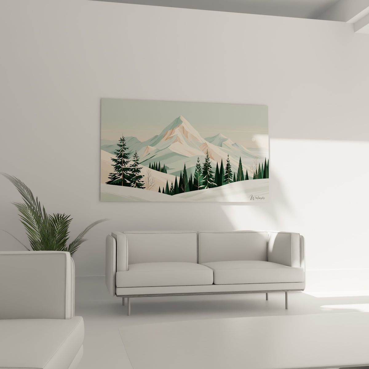 Crêtes vert sauge et neige rosée du tableau montagne accrochées au-dessus d'un canapé dans un salon lumineux