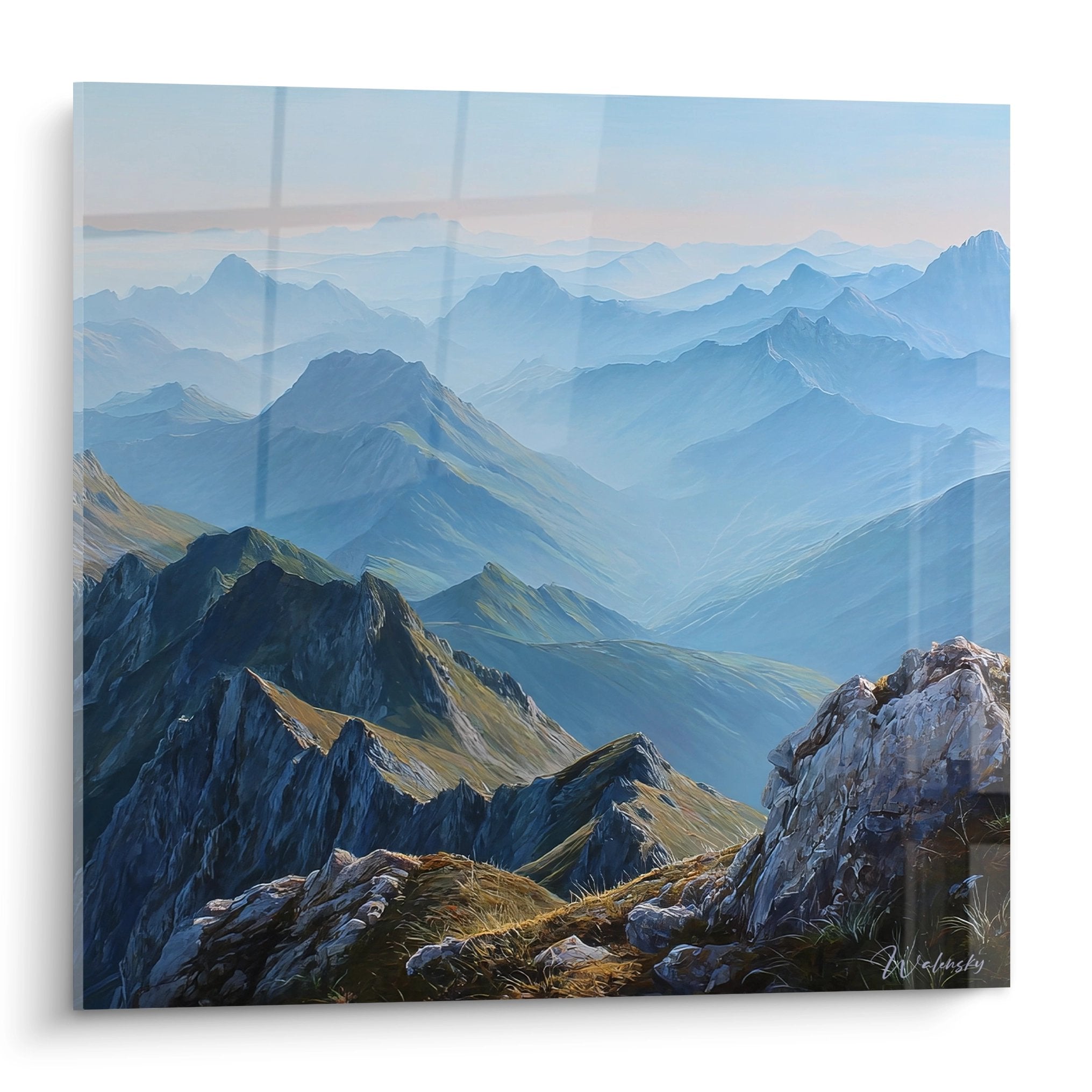Tableau montagne avec chaînes alpines dans la brume, paysage montagneux art mural