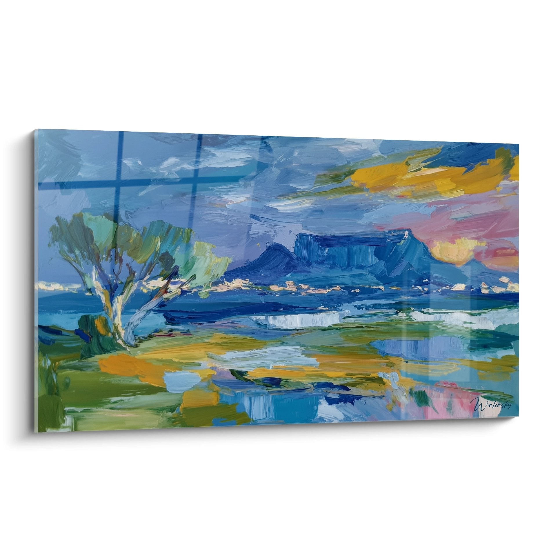 Tableau montagne paysage avec arbre solitaire et sommets bleus, style impressionniste moderne pour décoration murale