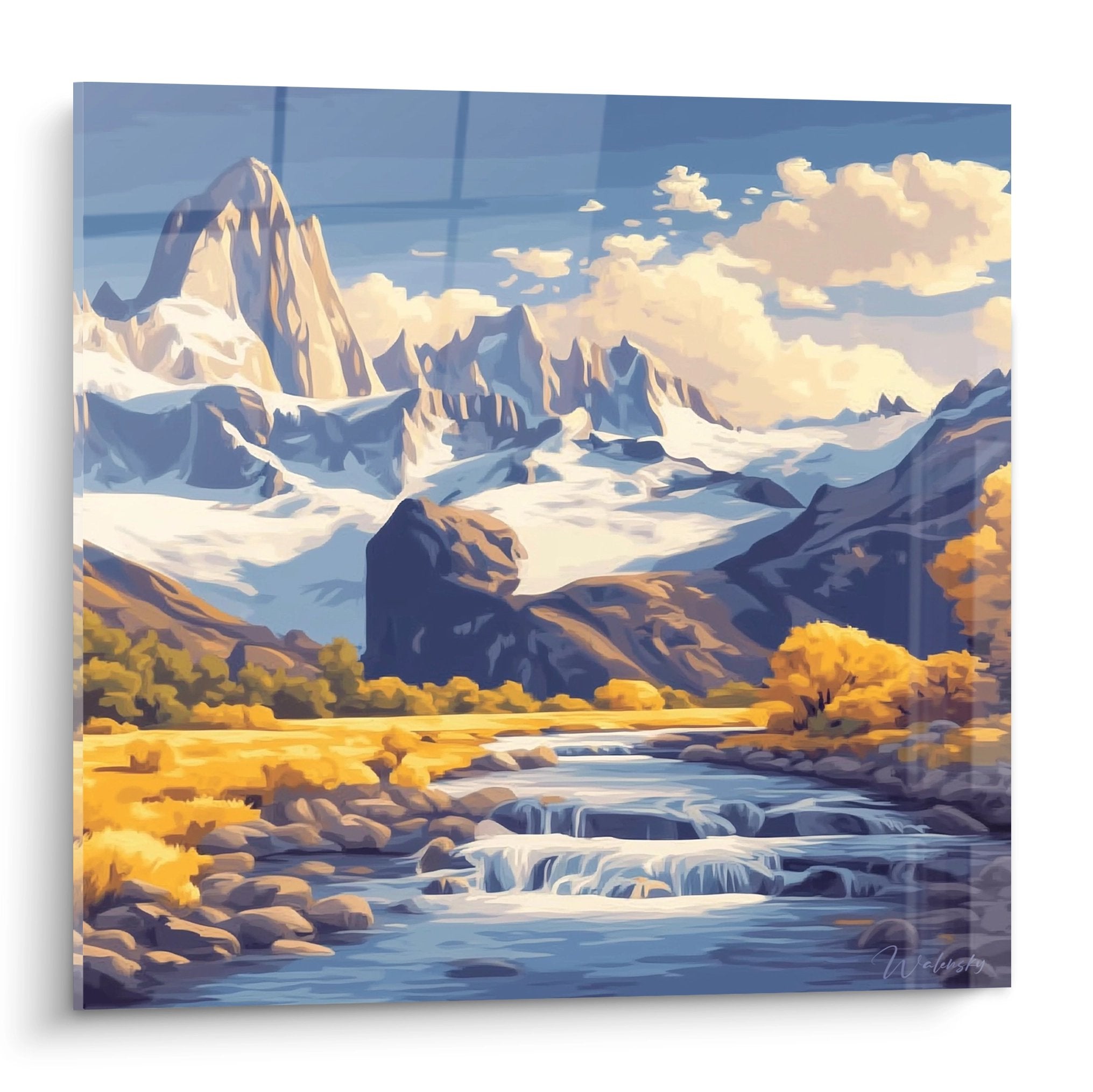 Tableau montagne paysage glacé avec rivière dorée et sommets enneigés - art mural alpin