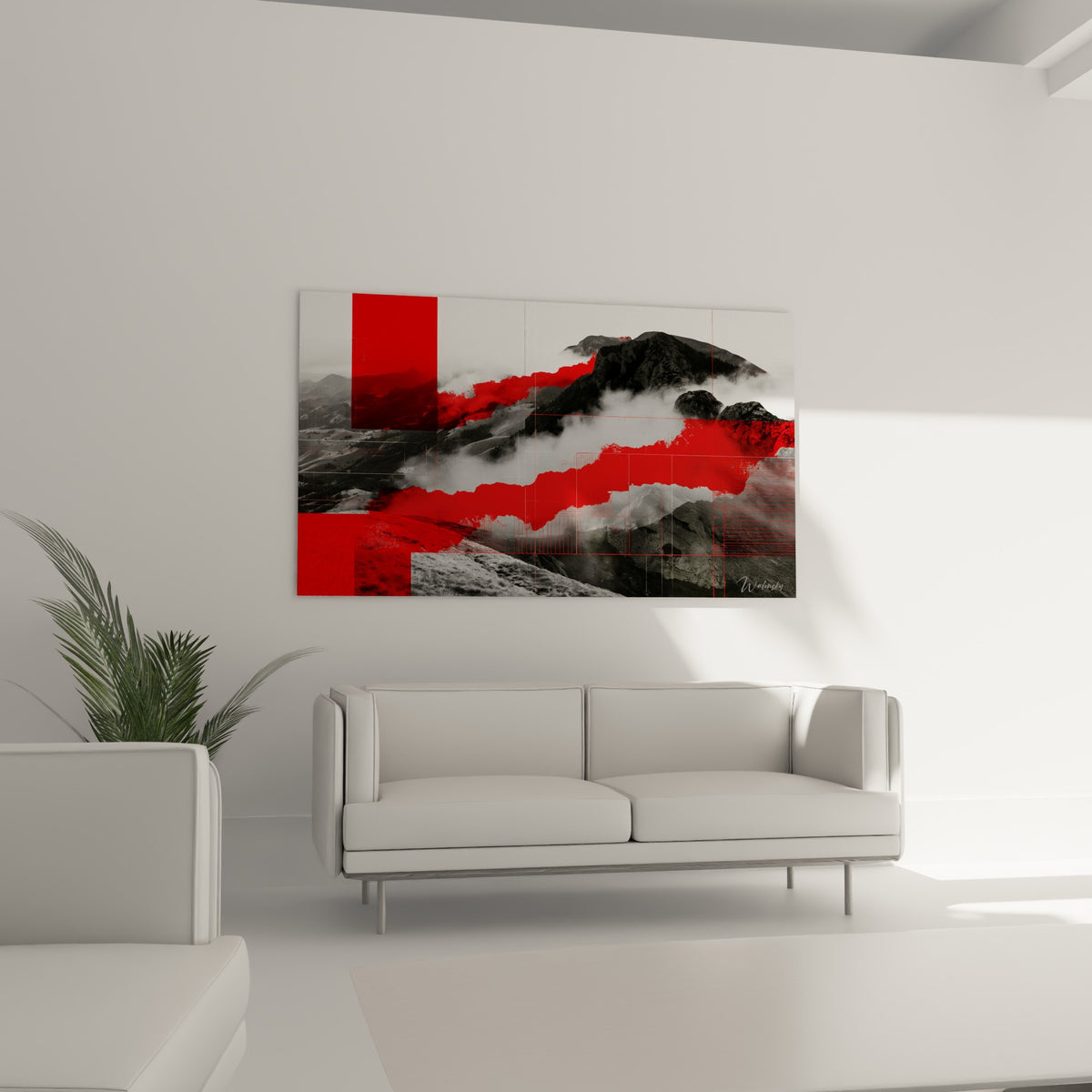 Paysage graphique noir et rouge éclatant disposé au-dessus d'un canapé dans un salon lumineux