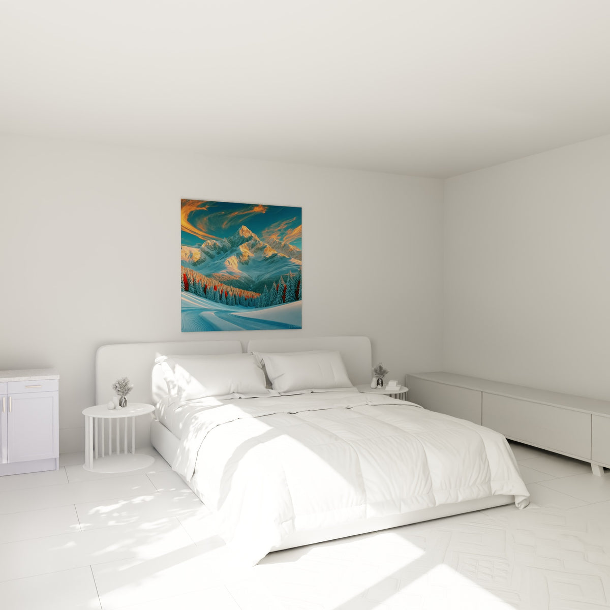 Massif enneigé bleu et doré, piste sinueuse, au-dessus d'un lit dans une chambre claire