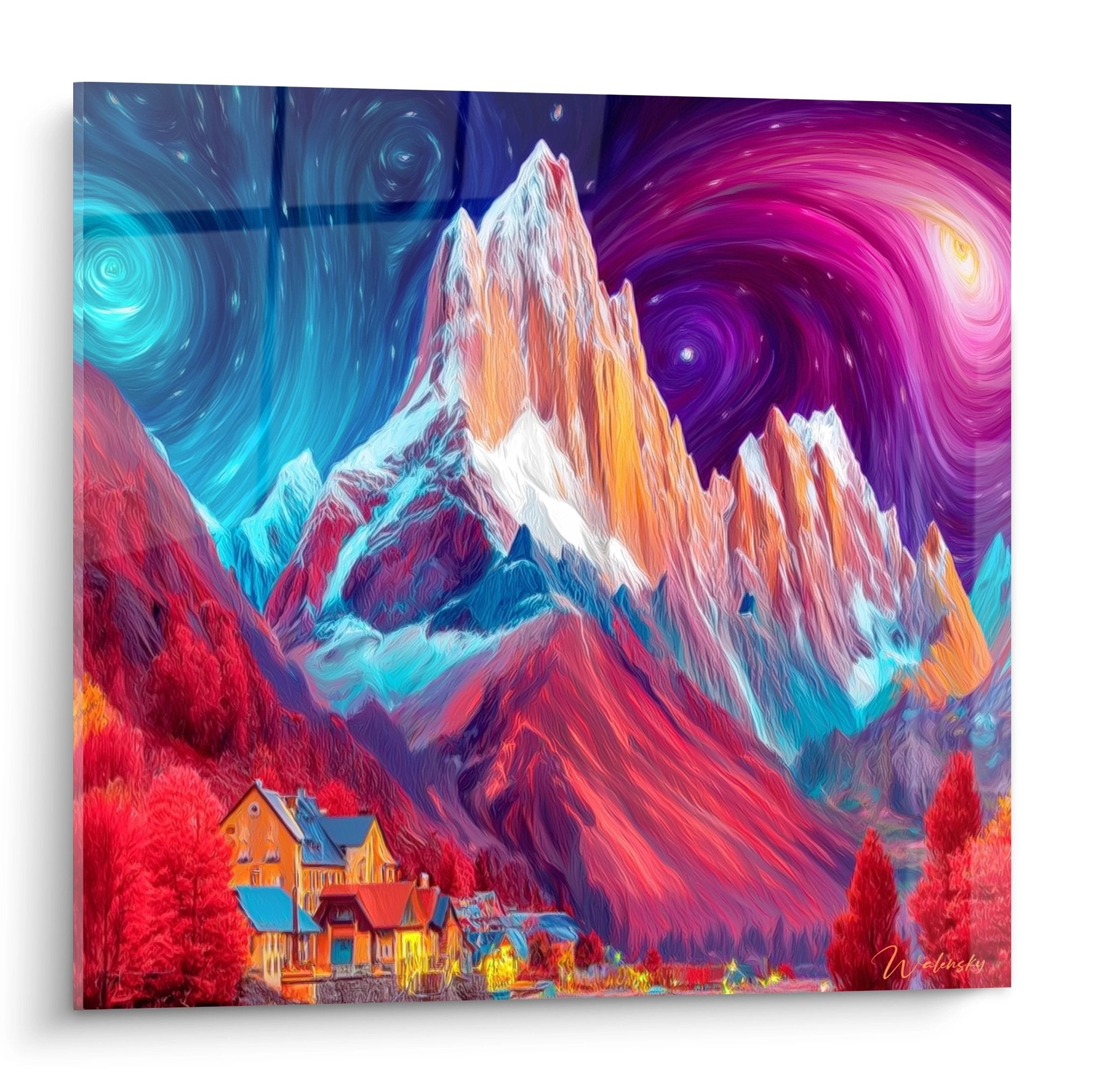 Tableau montagne psychédélique avec ciel tourbillonnant coloré et sommets enneigés orange