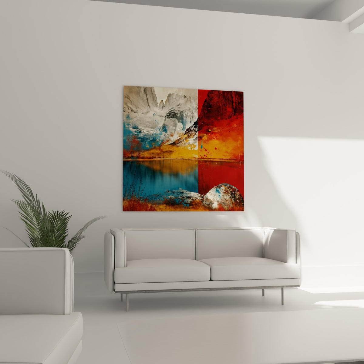 Lac doré entre roche blanche et falaise anthracite, au-dessus d'un canapé dans un salon lumineux