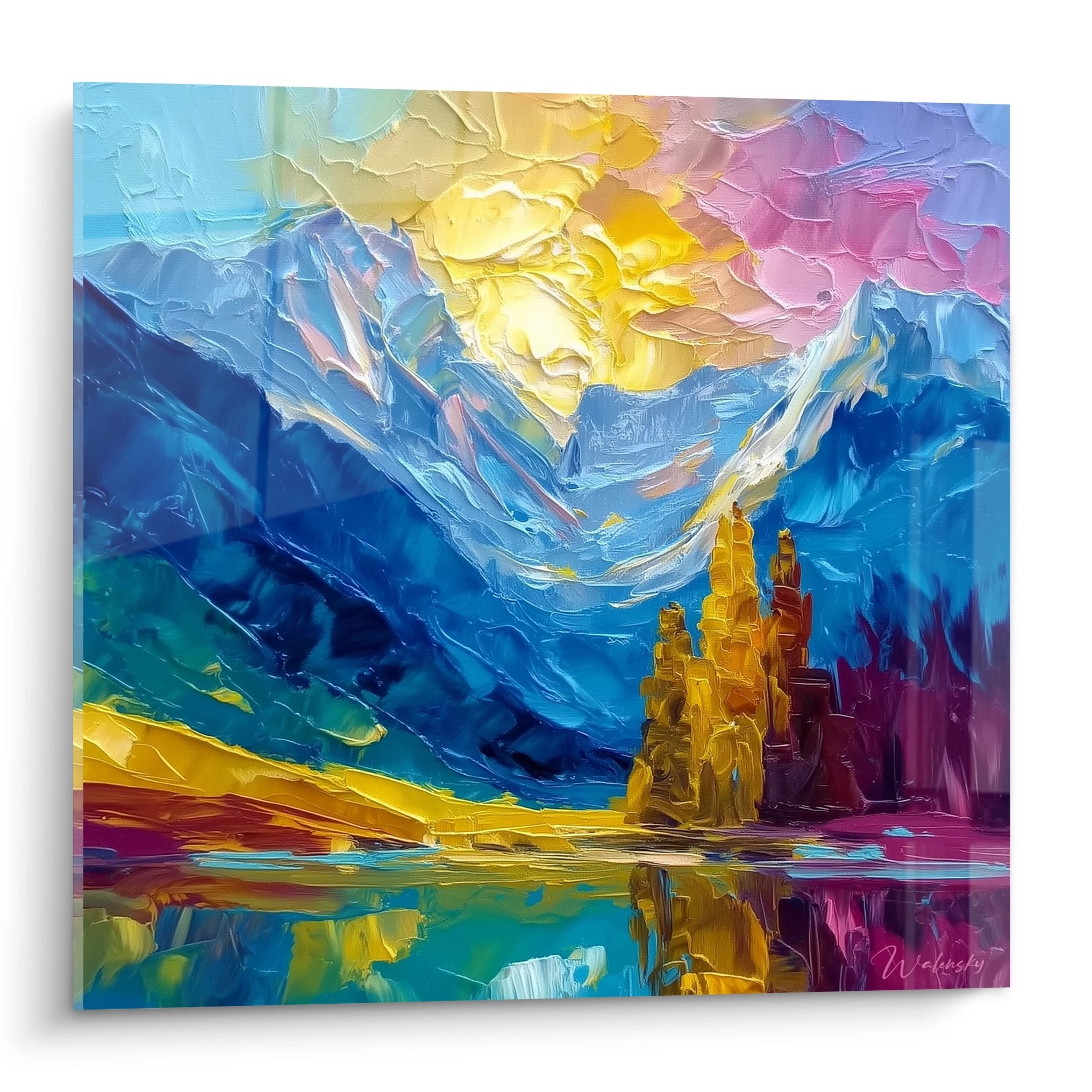 Tableau montagne coloré avec reflet sur lac, peinture alpine aux tons bleus et dorés