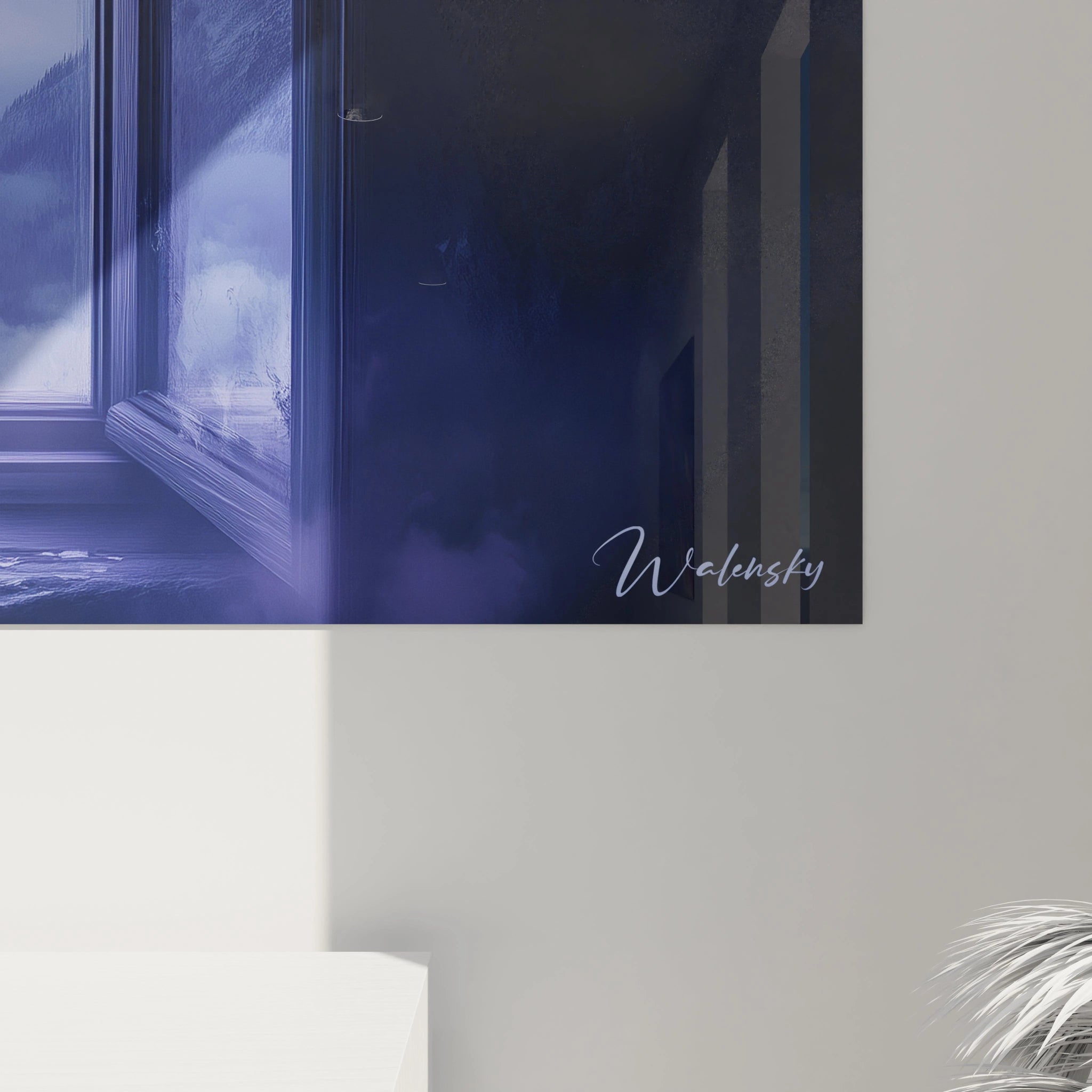 Tableau trompe l'oeil Walensky représentant une fenêtre bleue réaliste pour décoration murale moderne