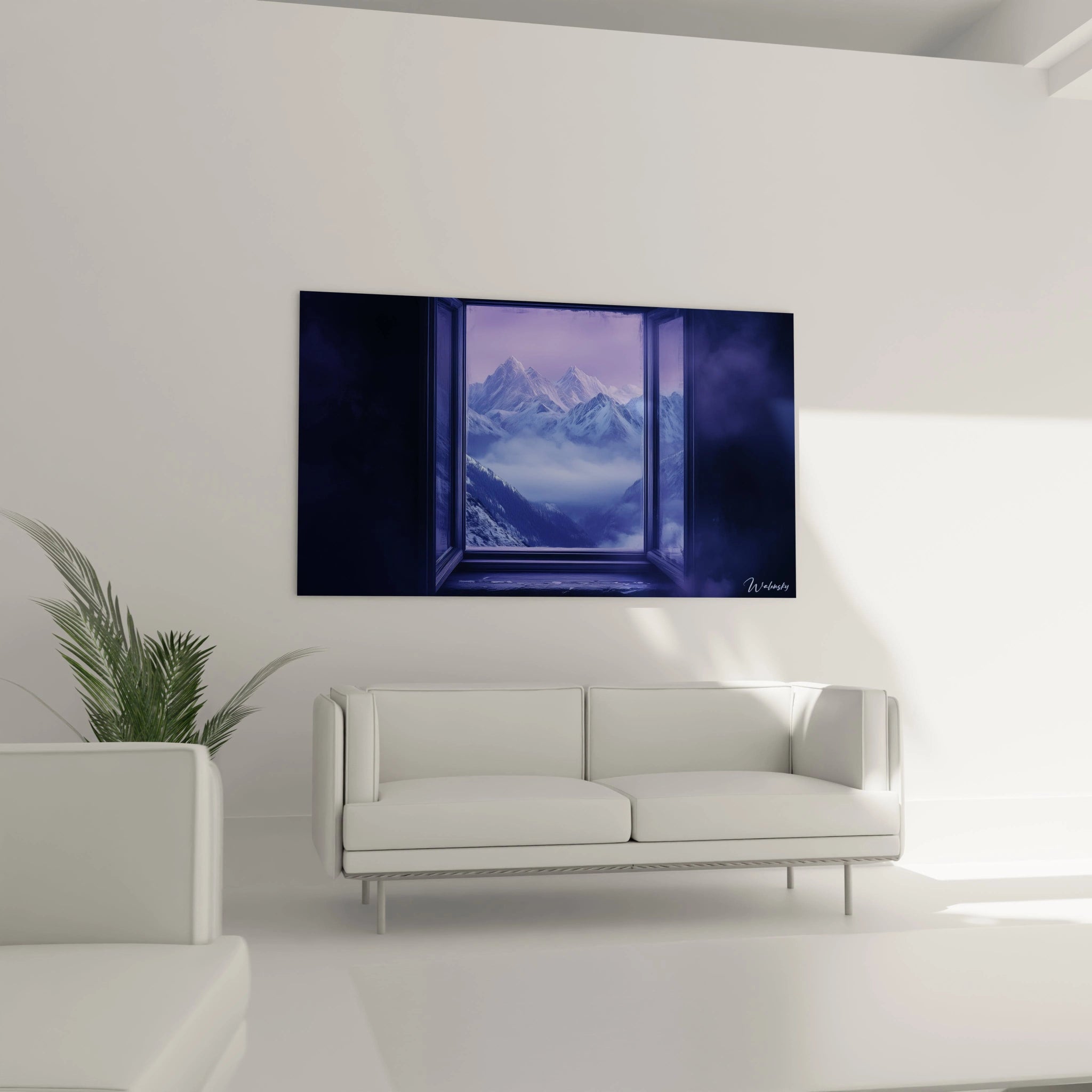 Tableau trompe l'oeil Walensky représentant une fenêtre ouverte sur des montagnes enneigées dans un salon moderne