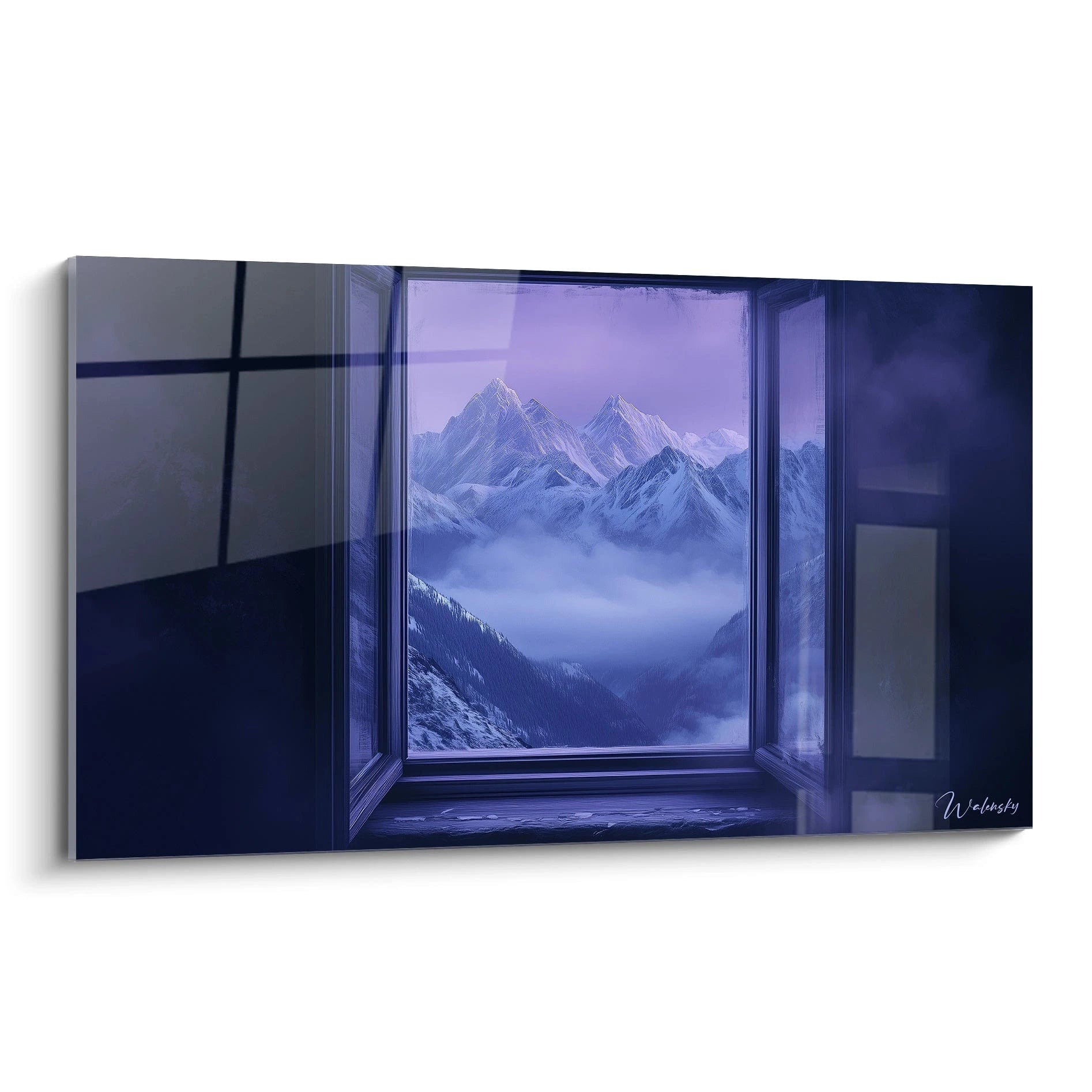 Tableau trompe l'oeil Walensky fenêtre ouverte avec vue sur montagnes enneigées et ciel violet
